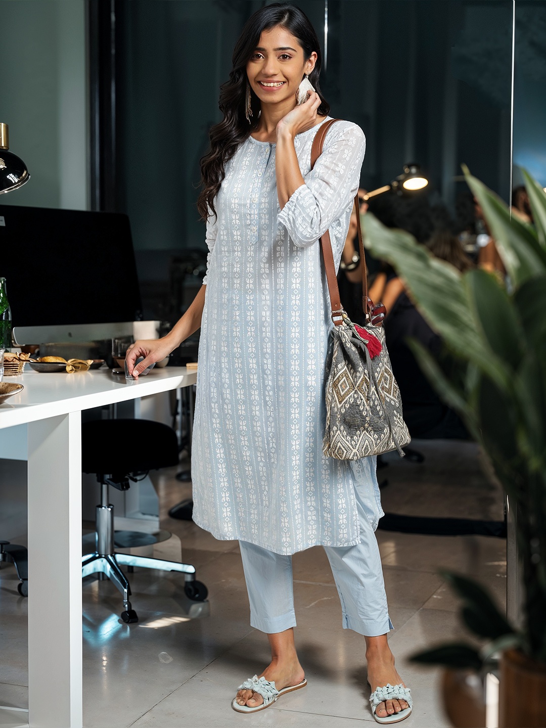 

Sangria Women Blue Printed Pure Cotton Kurta with Trousers