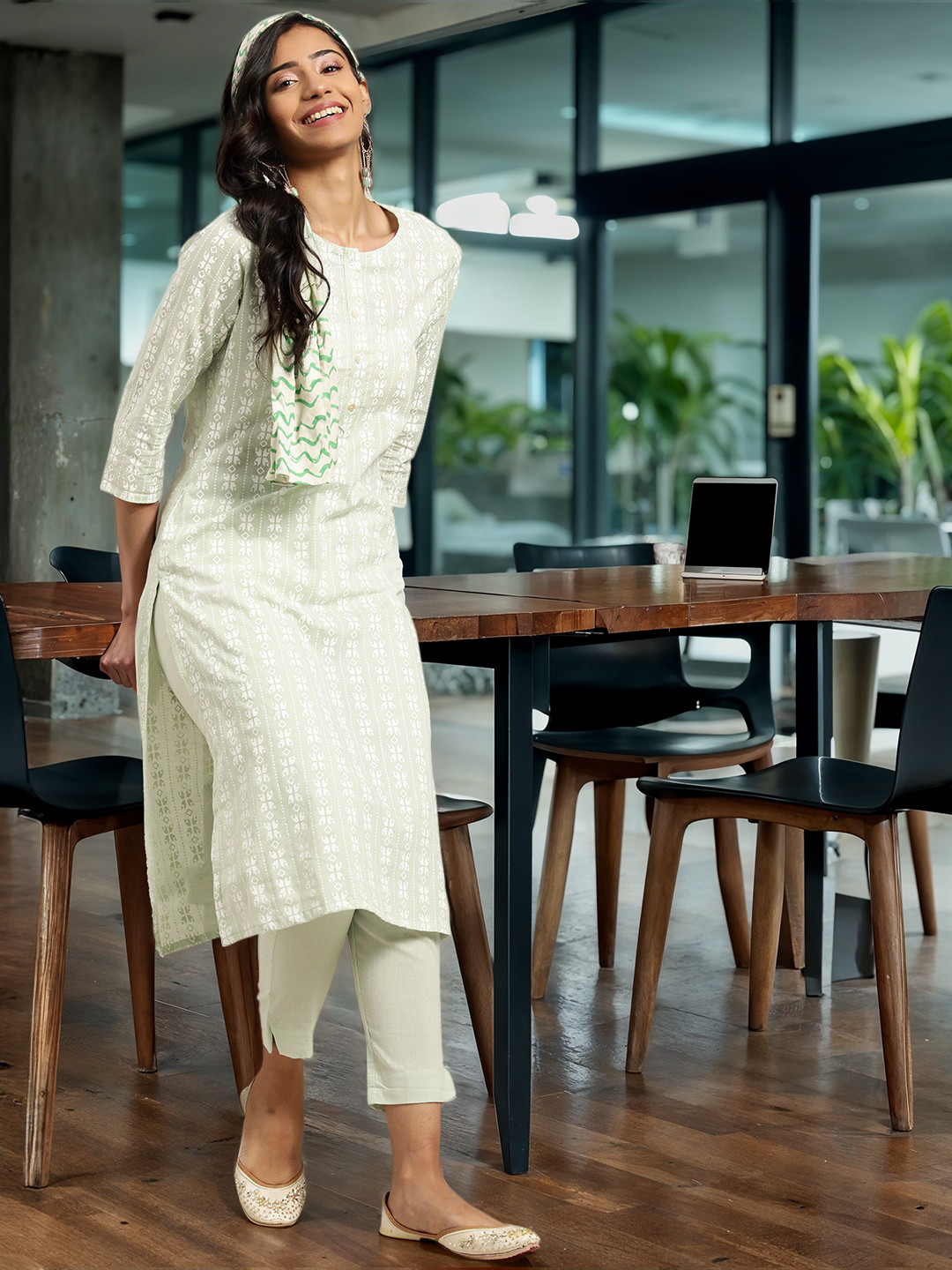 

Sangria Women Sage Green & White Ethnic Print Straight Pure Cotton Kurta with Trousers