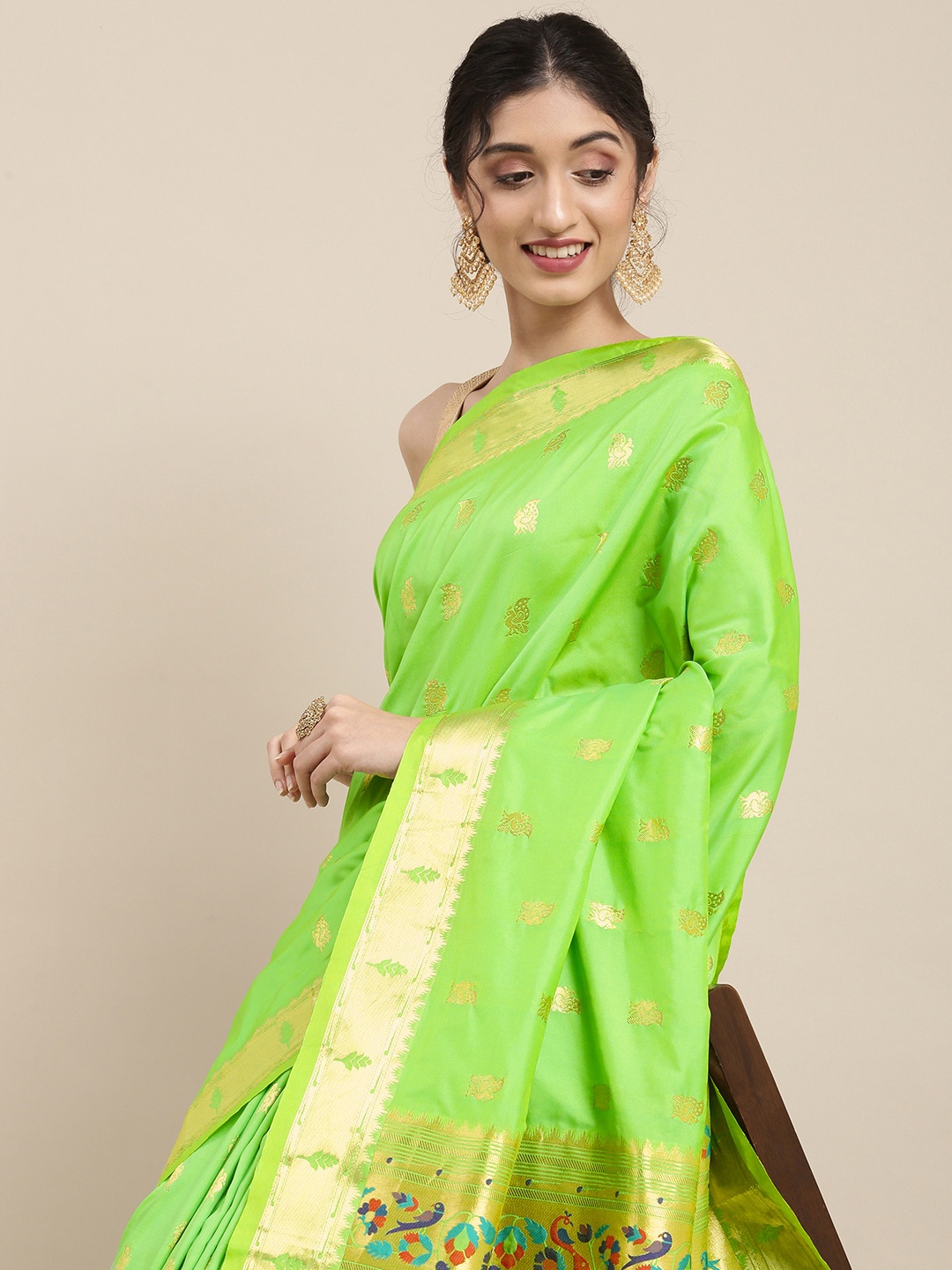 

Mitera Lime Green Woven Design Zari Silk Blend Paithani Saree