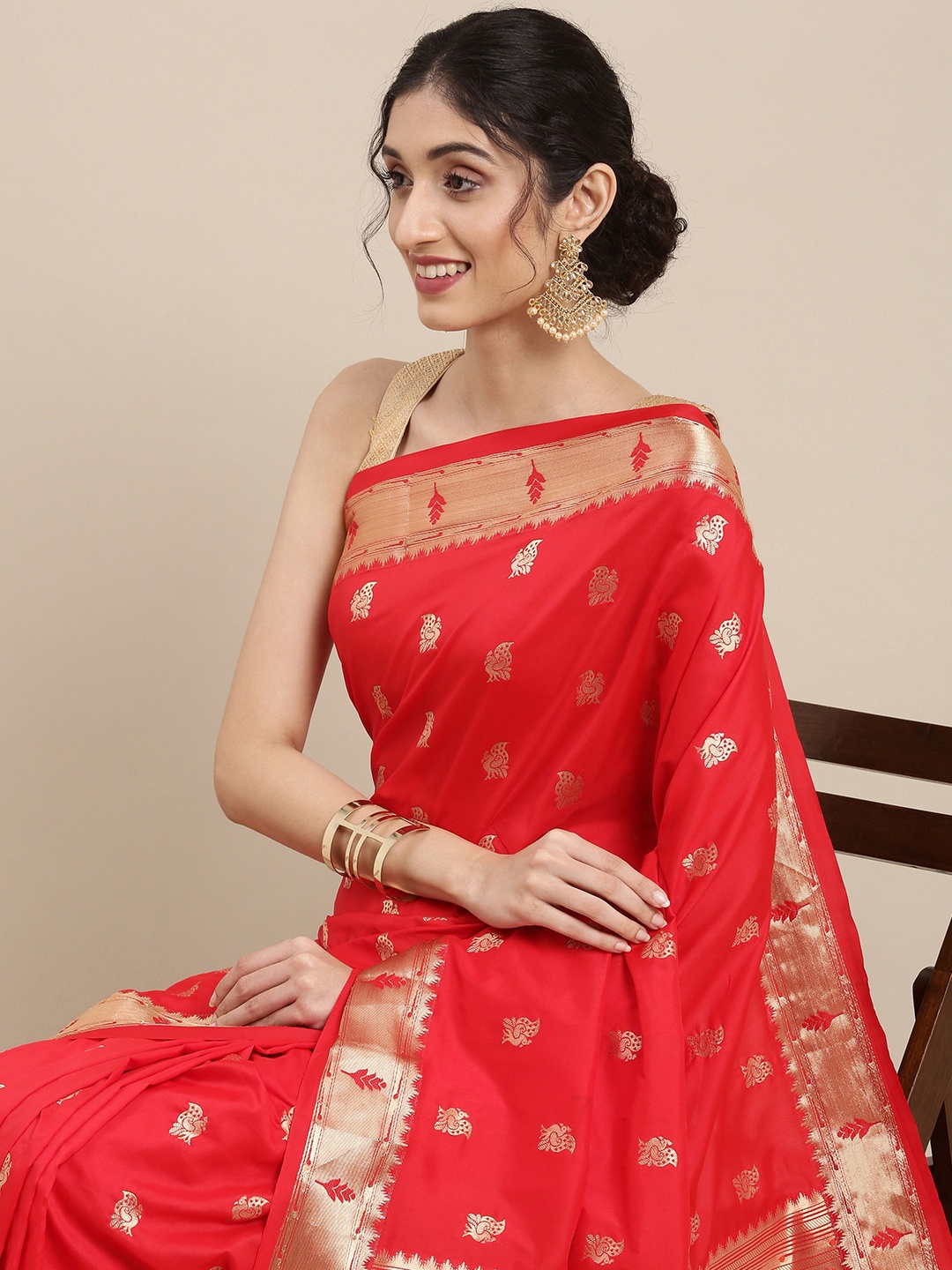 

Mitera Red Woven Design Zari Silk Blend Paithani Saree