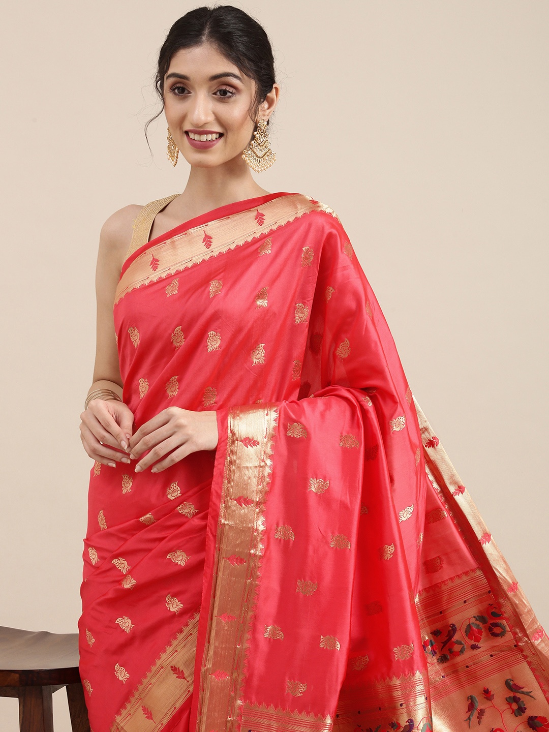 

Mitera Peach-Coloured Woven Design Zari Silk Blend Paithani Saree