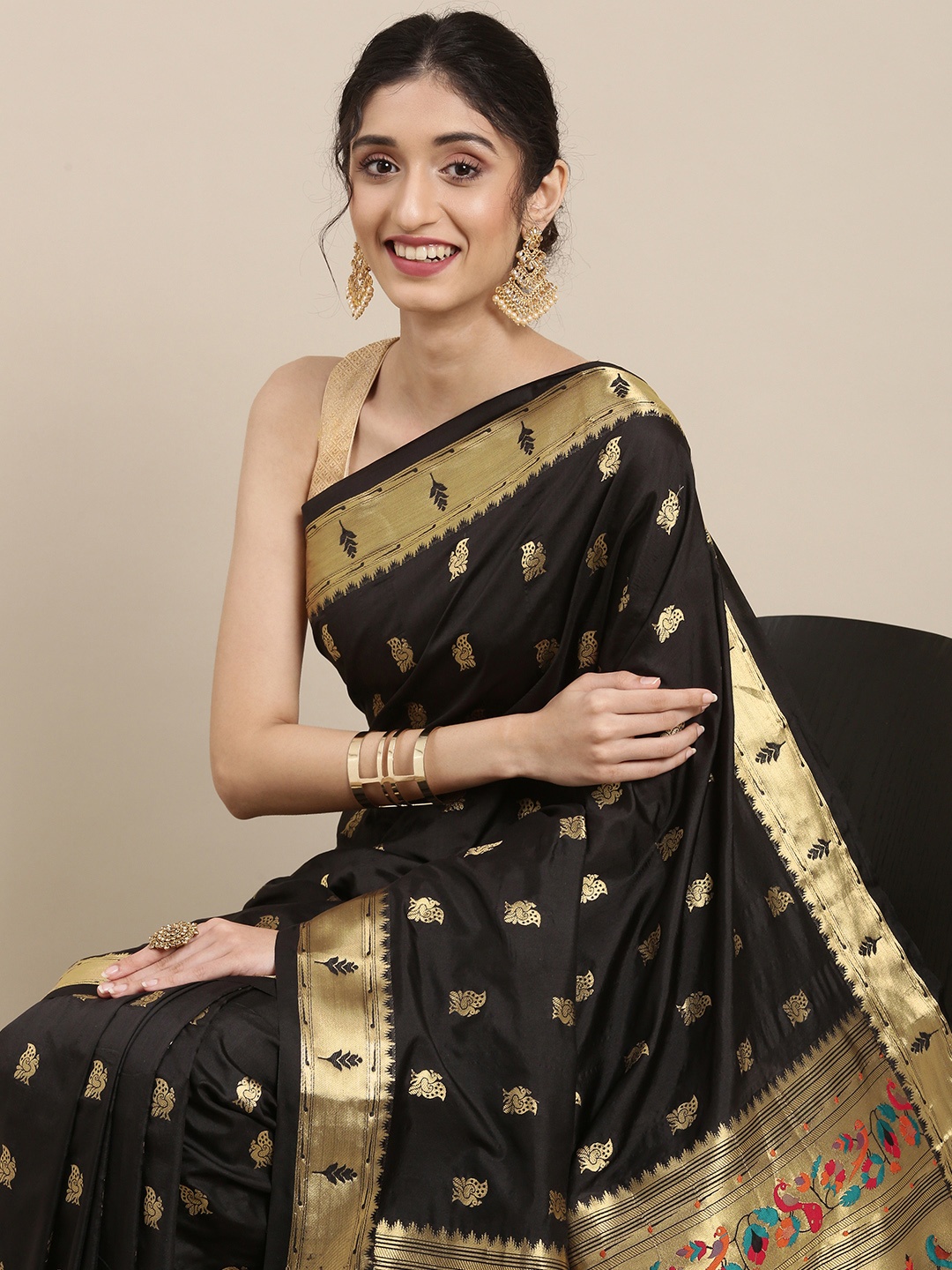 

Mitera Black Woven Design Zari Silk Blend Paithani Saree