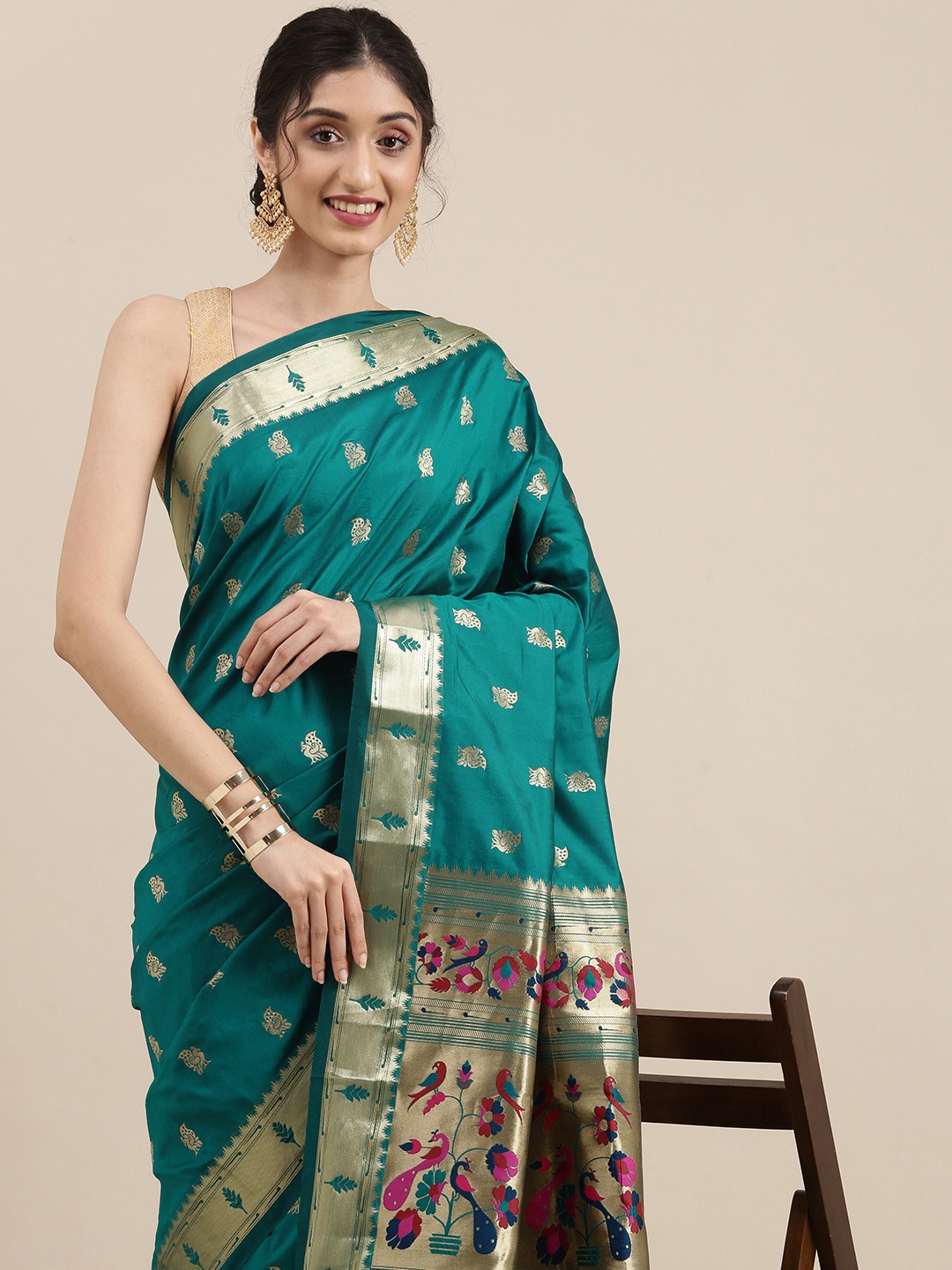 

Mitera Teal Woven Design Zari Silk Blend Paithani Saree