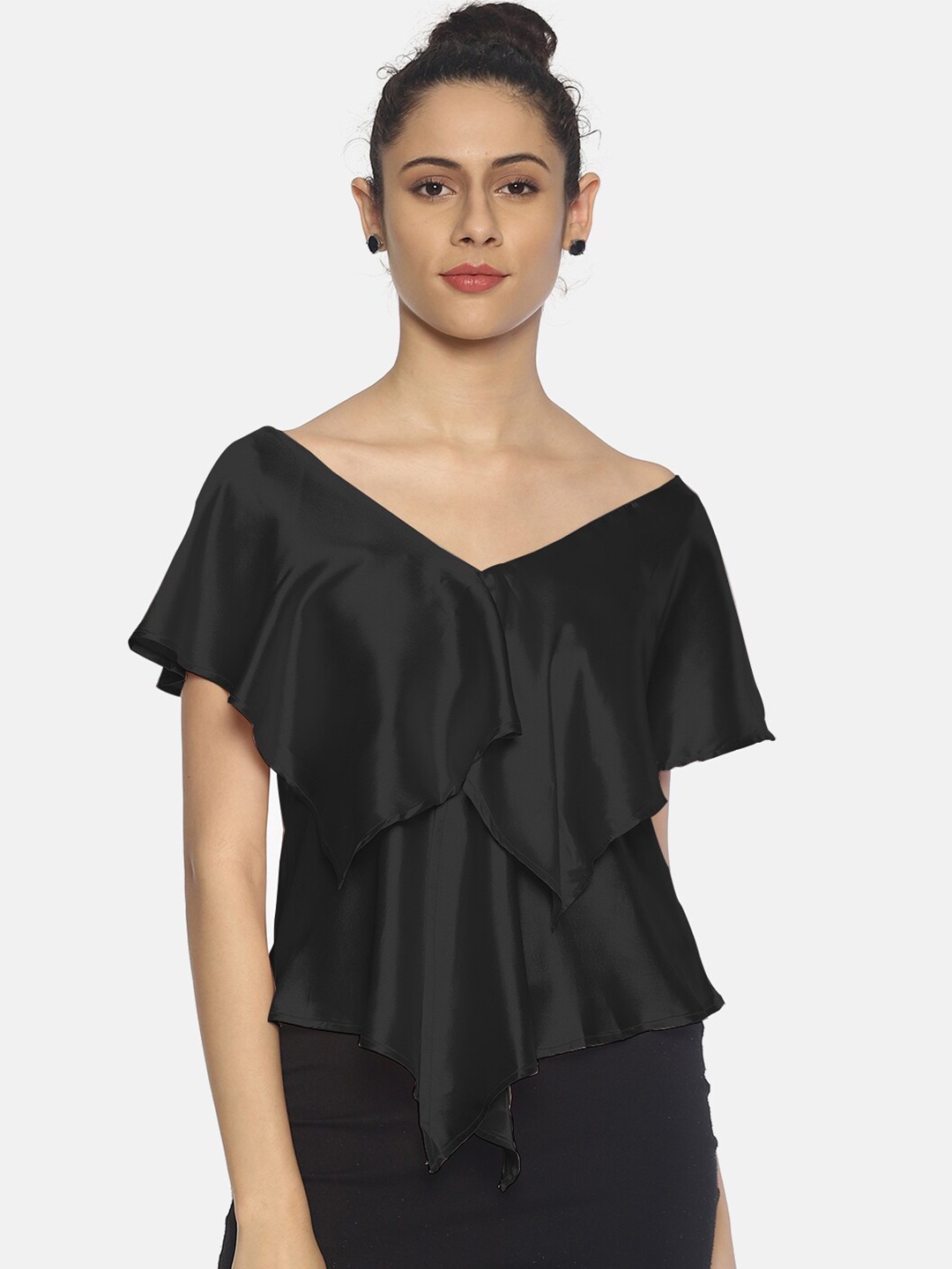 

AARA Black Flounce Cape Sleeved Satin Top