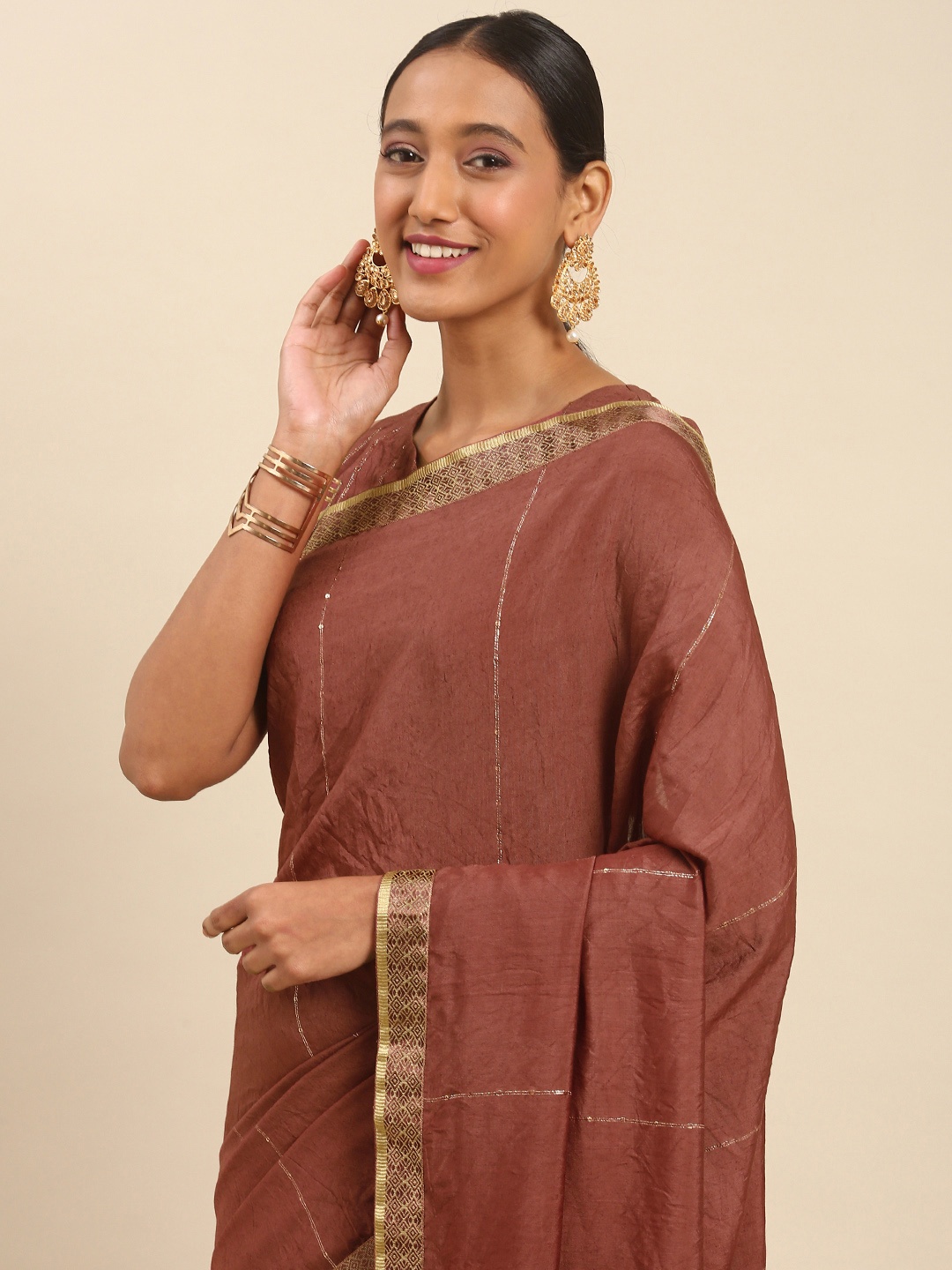 

all about you Brown & Silver-Toned Sequinned Saree