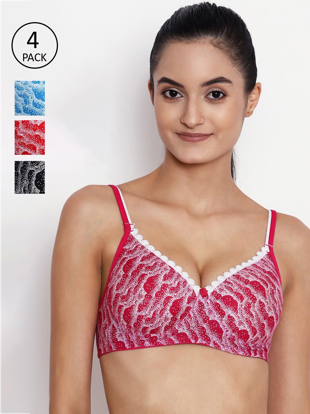 

ABELINO Pack Of 4 Abstract Printed Lightly Padded T-Shirt Bra, Pink