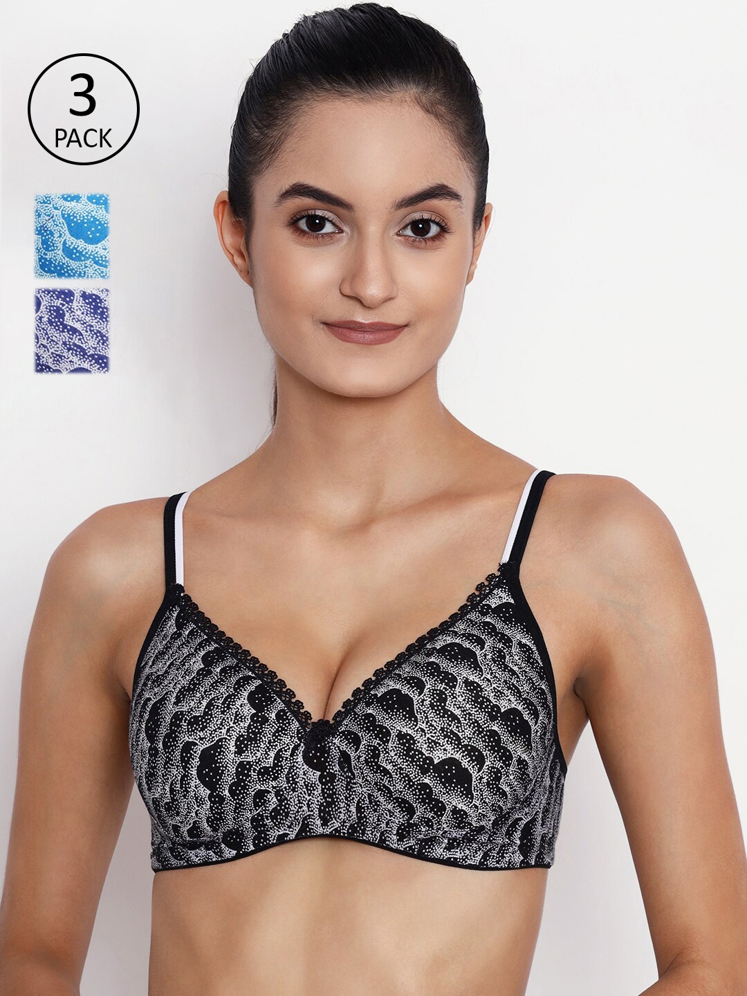 

ABELINO Women Pack Of 3 Printed Lightly Padded Pure Cotton T Shirt Bra, Black