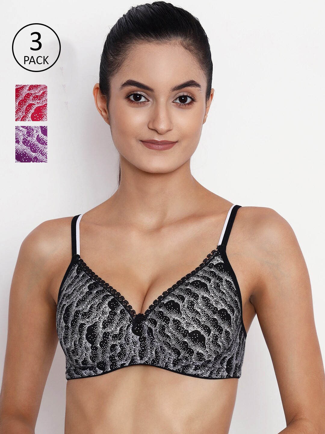 

ABELINO Pack of 3 Graphic Bra Lightly Pure Cotton Padded, Black