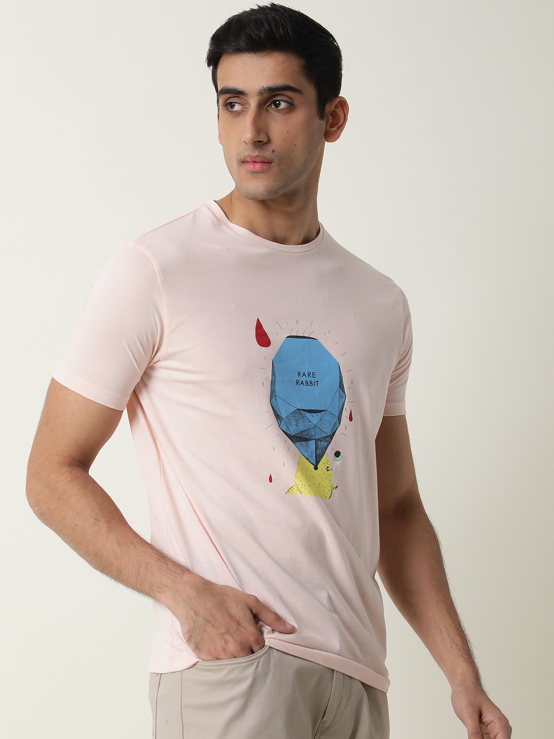 

RARE RABBIT Men Dunnii Pure Cotton Raw Edge Slim Fit T-Shirt, Pink