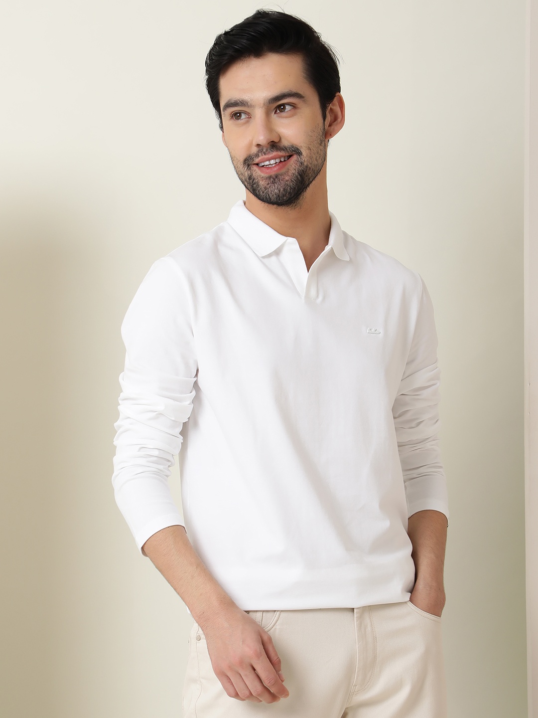 

RARE RABBIT Men Rings-4 Slim Fit Solid Polo Collar T-Shirt, White