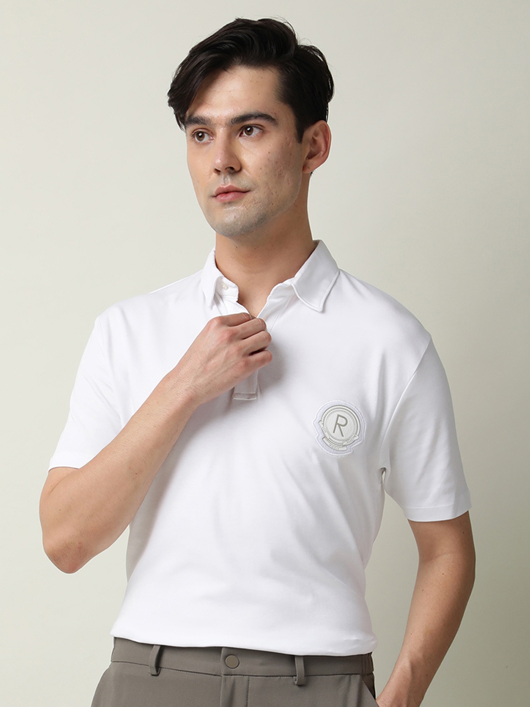 

RARE RABBIT Men Garland P Polo Collar Pure Cotton Applique Slim Fit T-Shirt, White