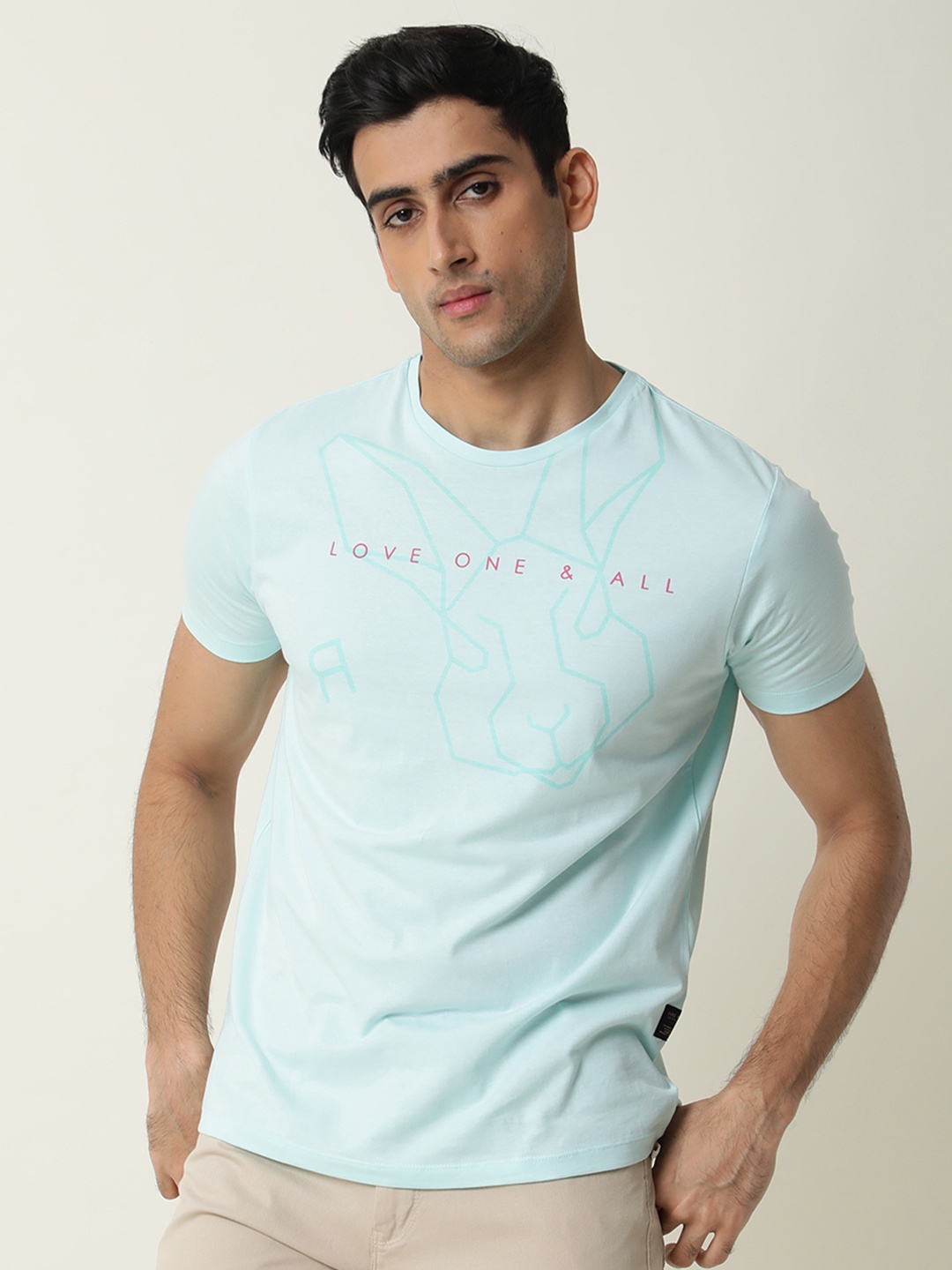 

RARE RABBIT Men Message Turquoise Printed Pure Cotton Slim Fit T-Shirt, Turquoise blue