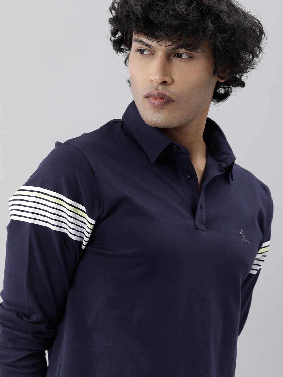 

RARE RABBIT Men Leon Polo Collar Pure Cotton Slim Fit T-Shirt, Navy blue
