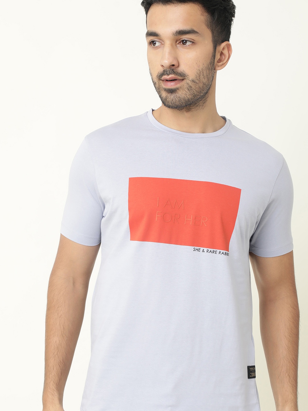 

RARE RABBIT Men I Am Regular Fit Colourblocked Round Neck Pure Cotton T-Shirt, Grey