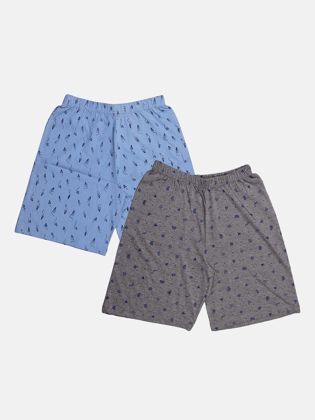 

TINY HUG Boys Pack of 2 Grey Melange & Blue Printed Cotton Shorts