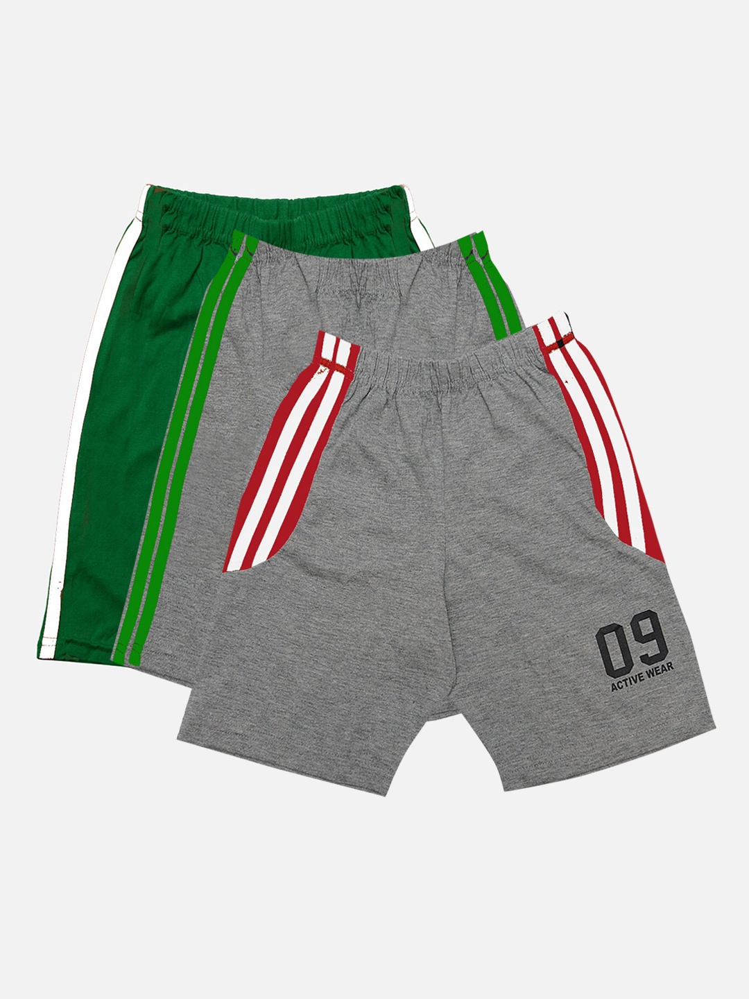 

TINY HUG Boys Grey Melange & Green Pack Of 3 High-Rise Shorts