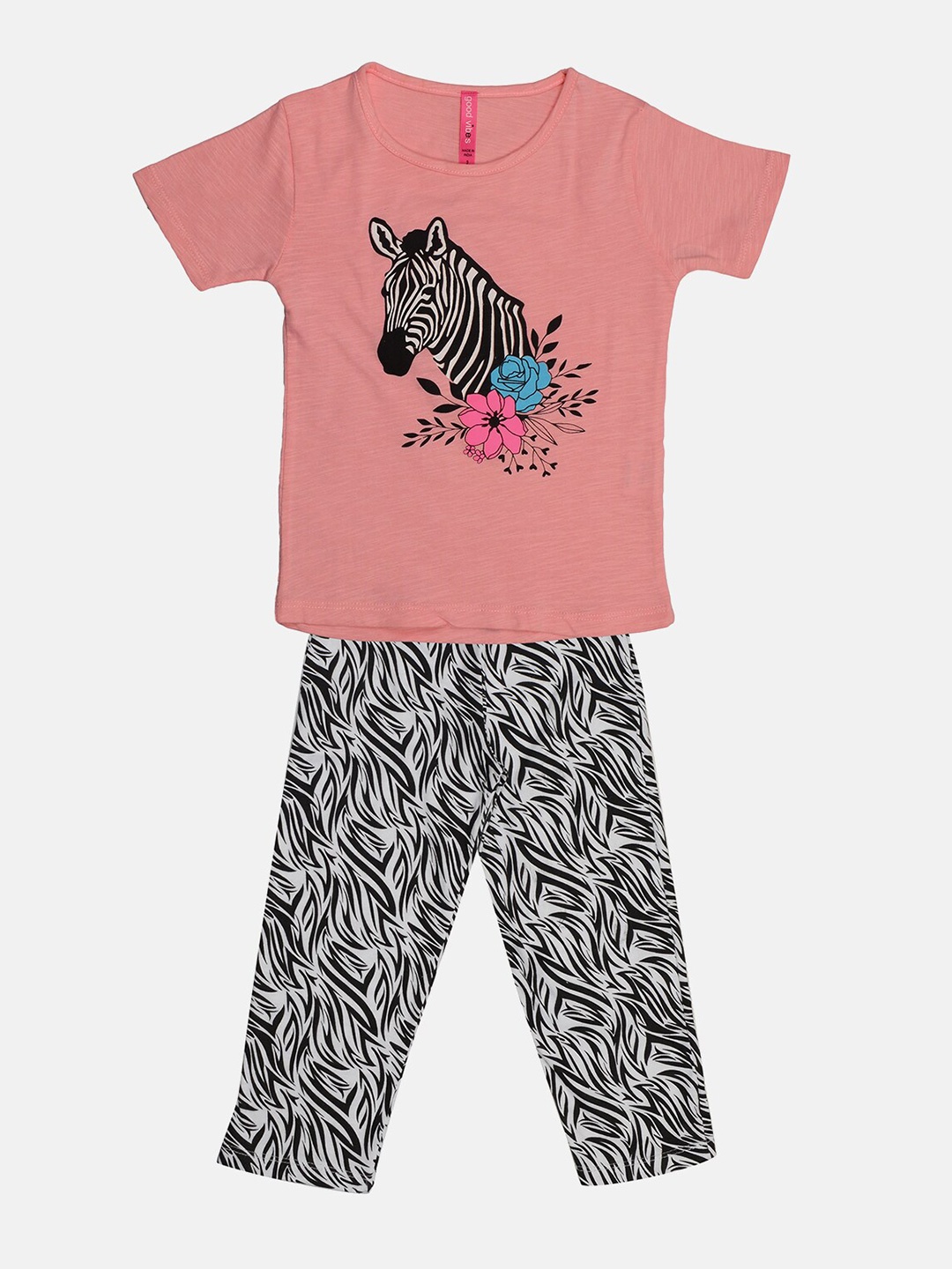 

TINY HUG Girls Pink & Black Printed T Shirt & Trousers