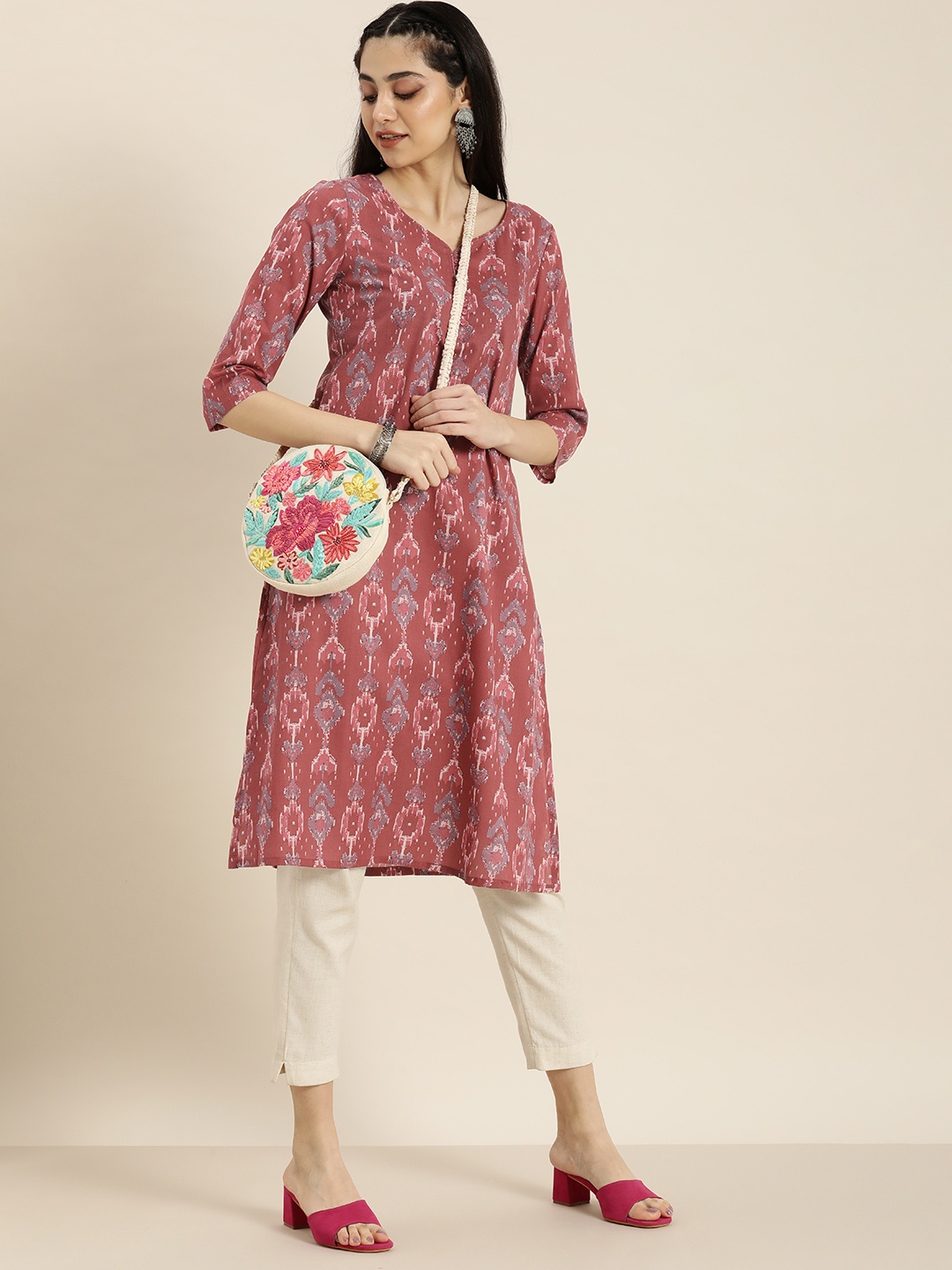 

Moda Rapido Women Maroon & Grey Ethnic Motifs Printed A-Line Kurta