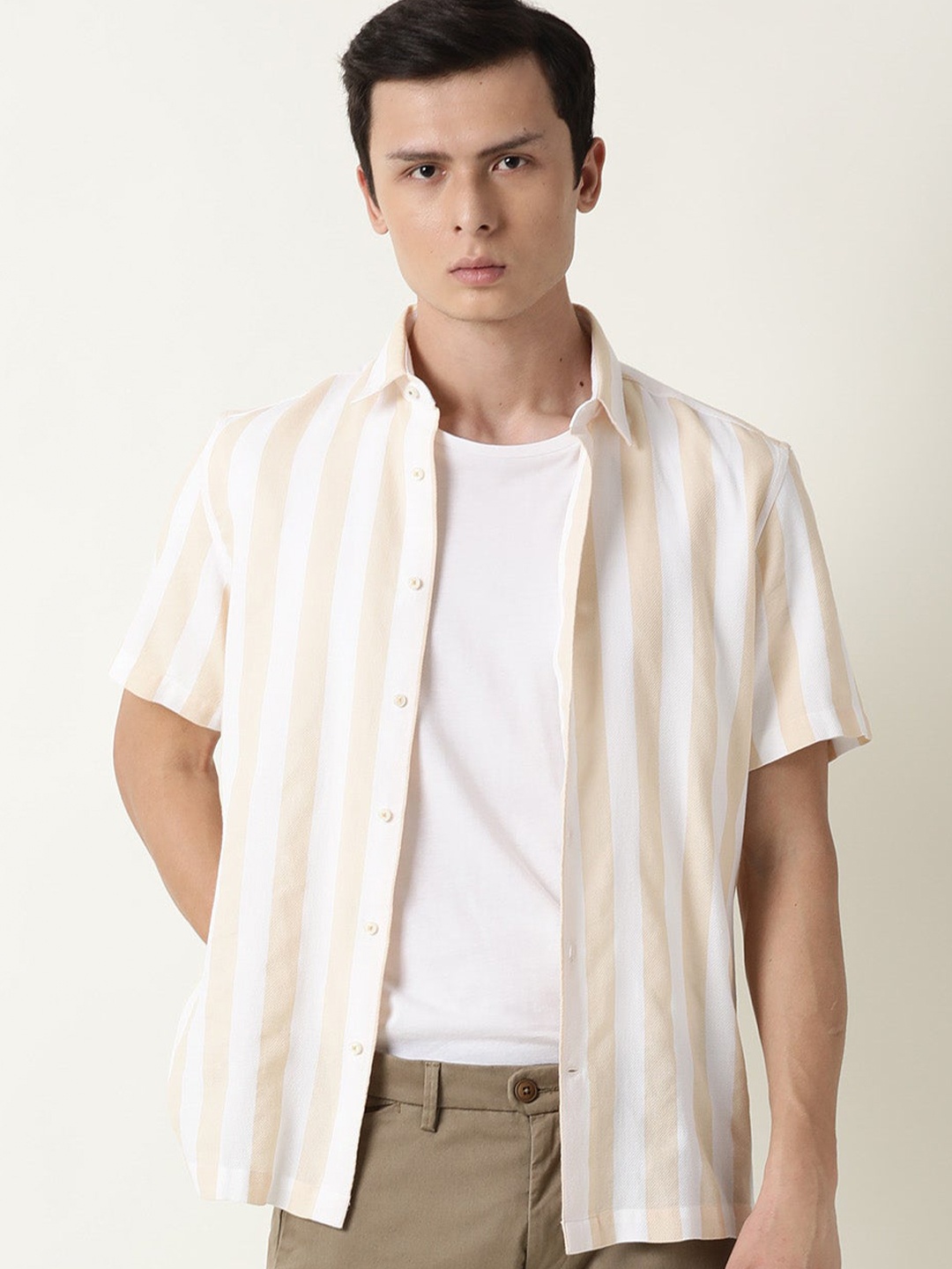 

RARE RABBIT Men Beige Custom Slim Fit Striped Casual Shirt