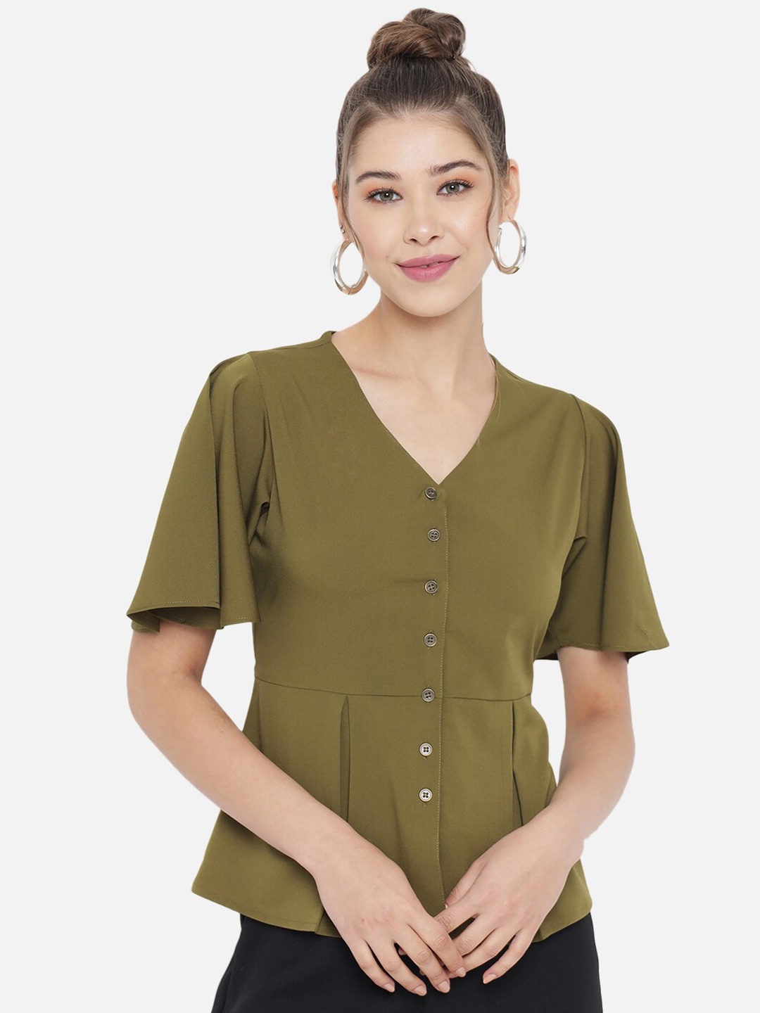 

Slenor Olive Green Crepe Peplum Top