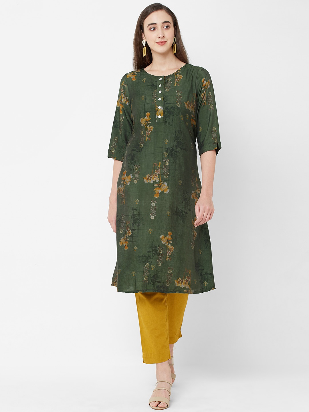 

Fusion Beats Women Green Floral Printed Thread Work Kurta