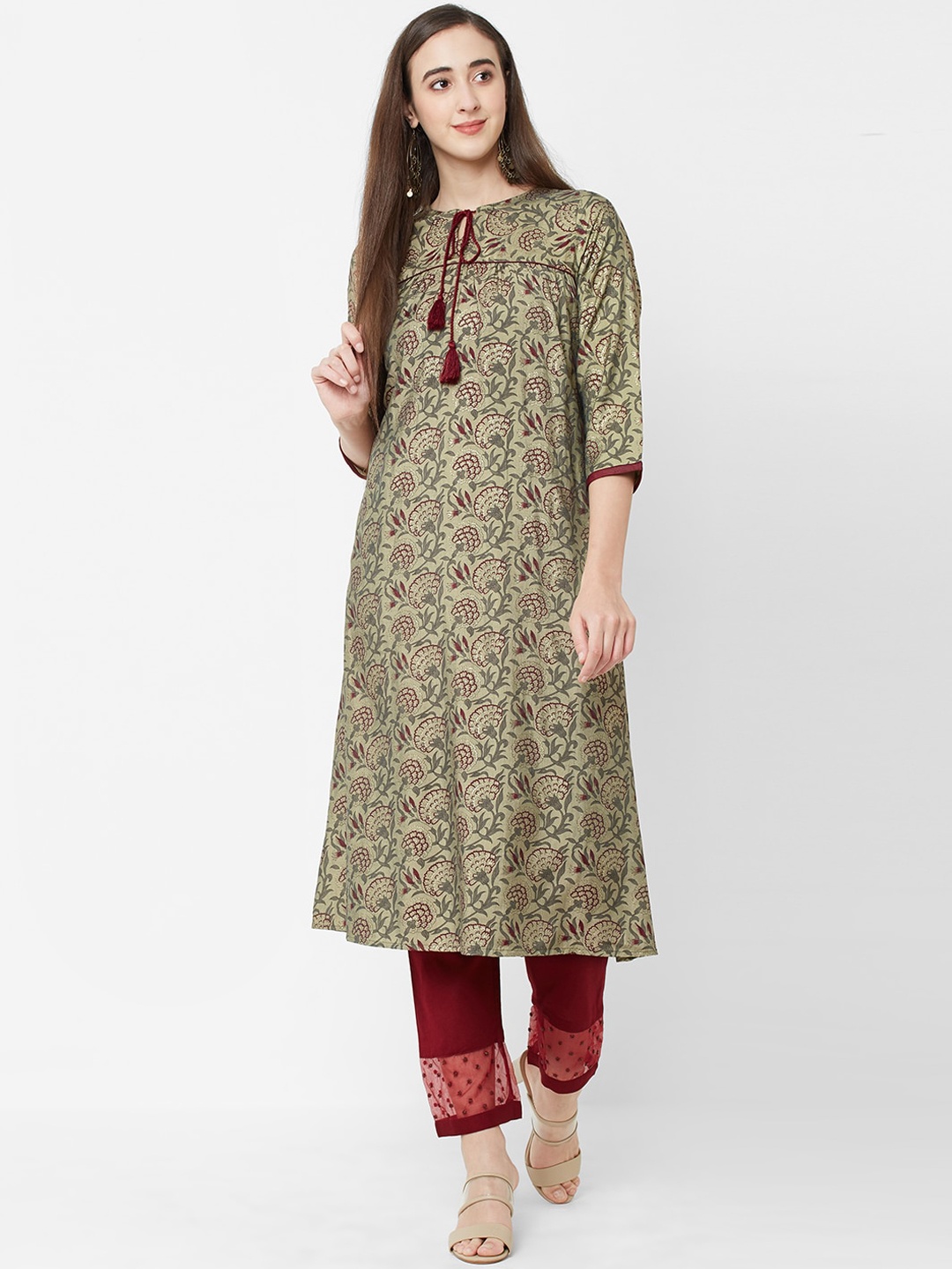 

Fusion Beats Women Green & Maroon Ethnic Motifs Printed Kurta