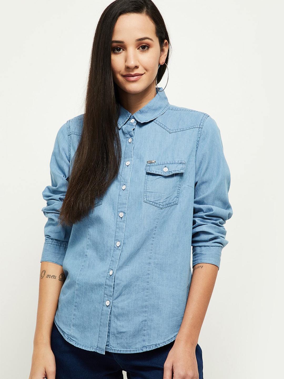 

max Women Blue Pure Cotton Casual Shirt