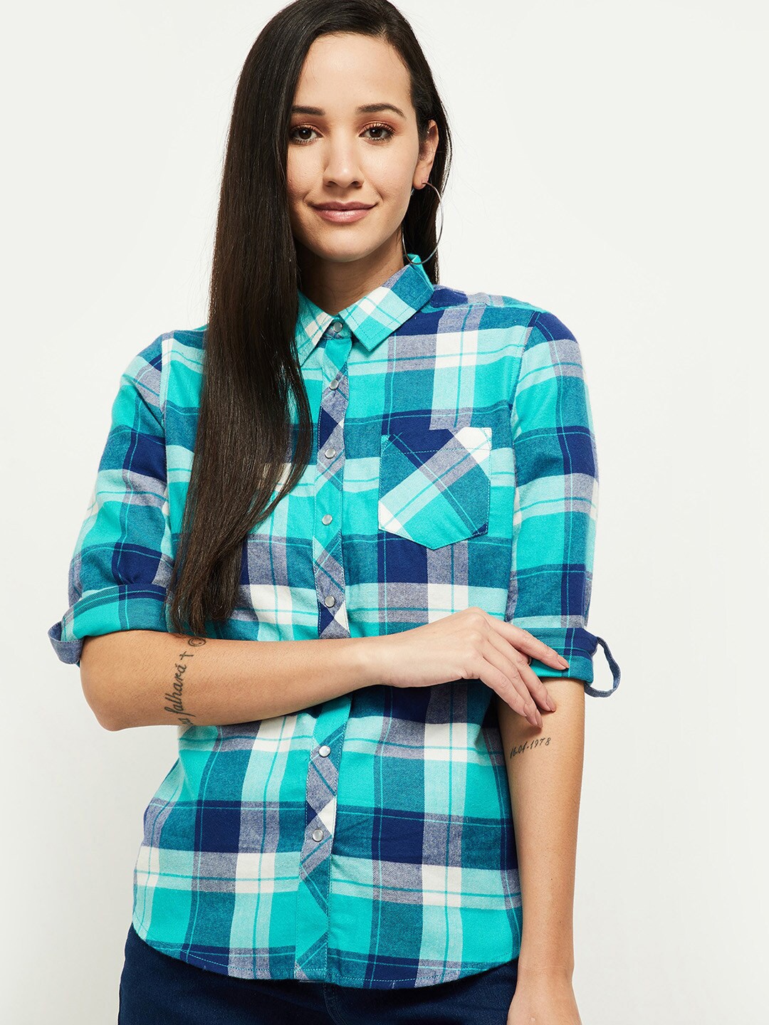 

max Women Blue Checked Casual Shirt