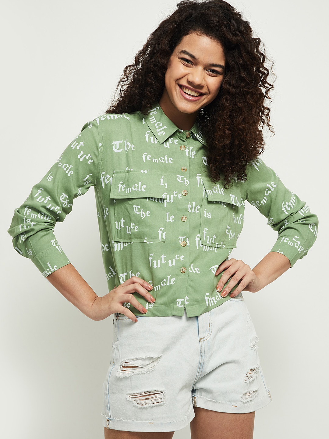 

max Women Green Printed Casual Shirt