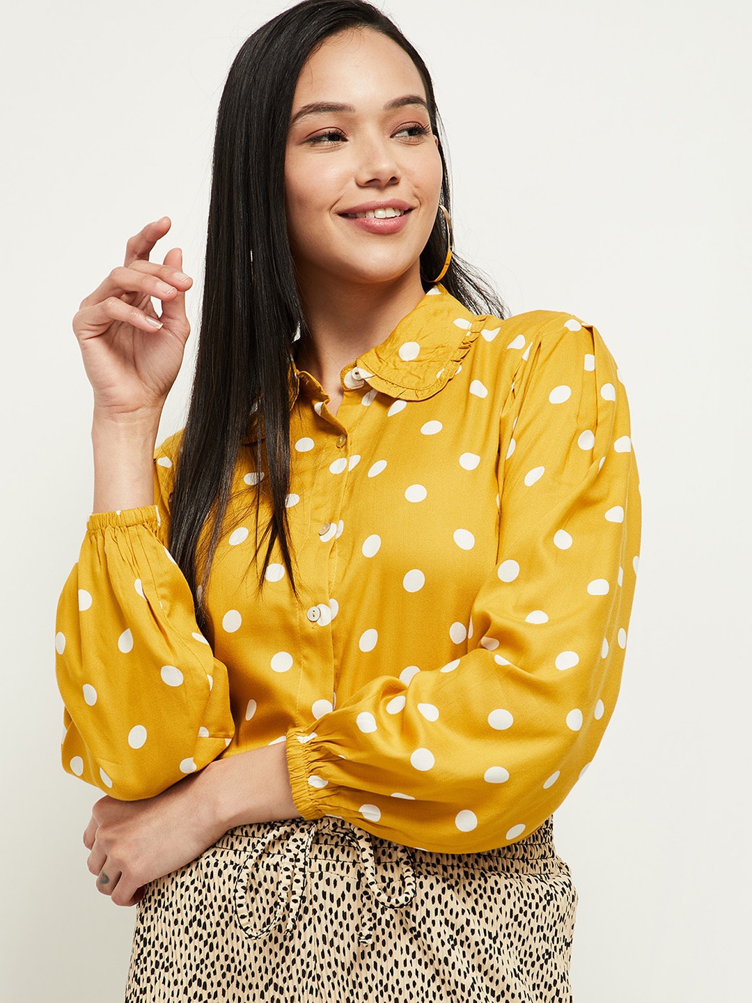

max Women Mustard Polka Dots Printed Casual Shirt
