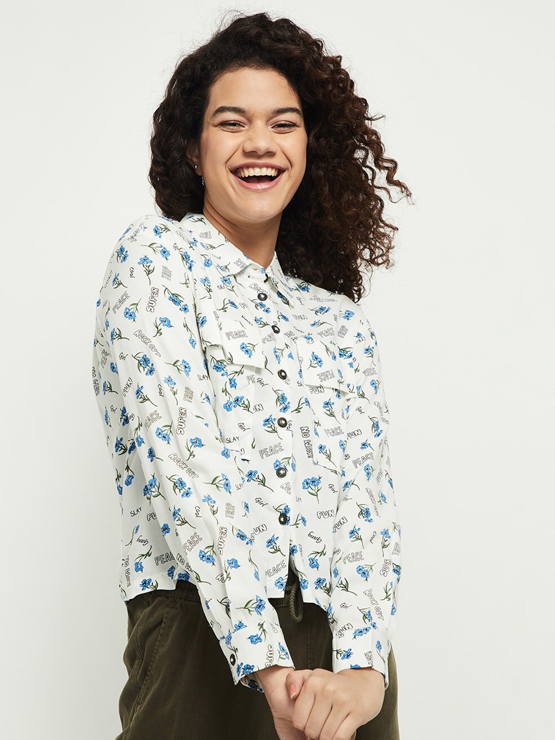 

max Women White Floral Printed Casual Shirt