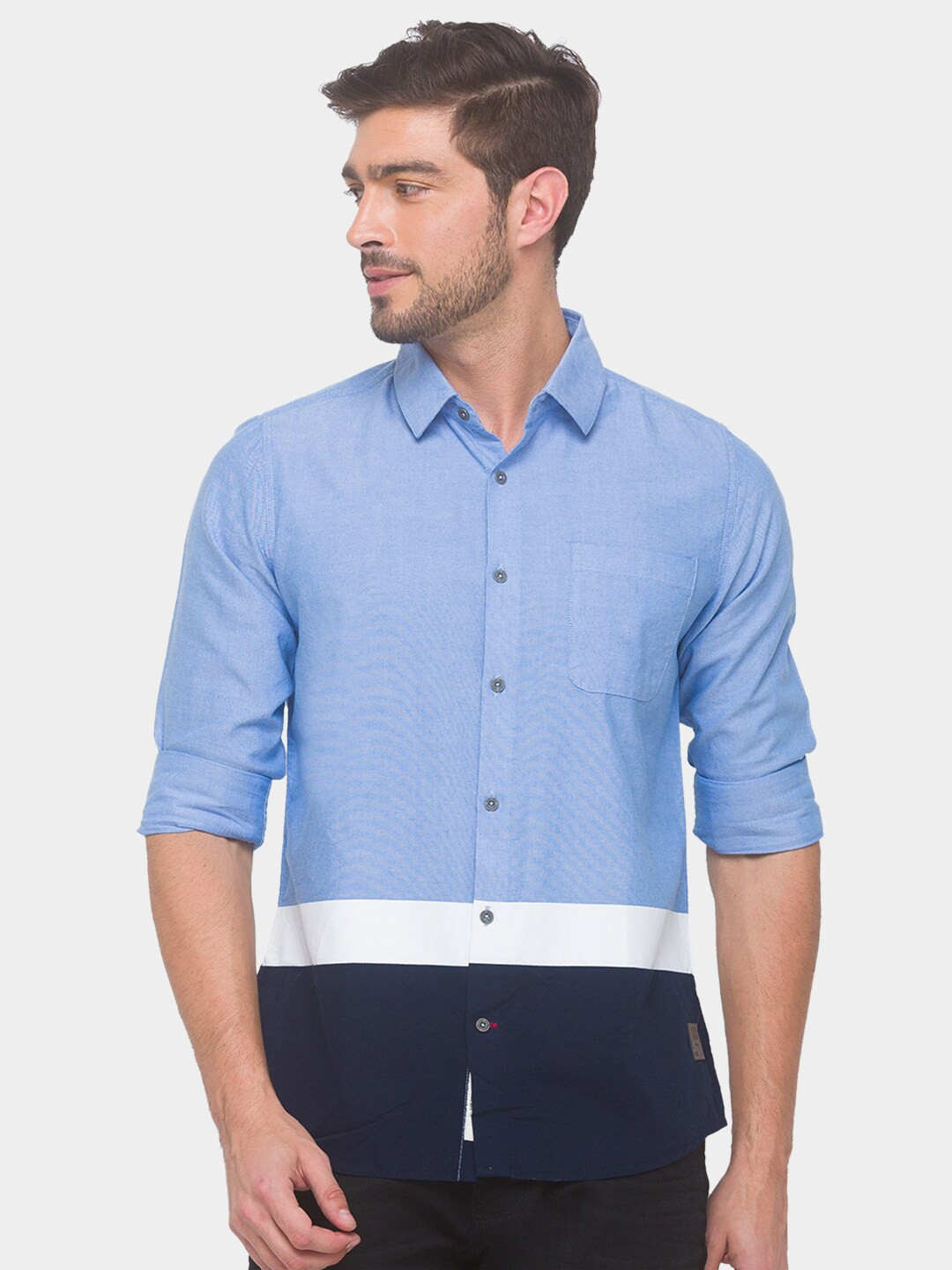 

Being Human Men Blue Colourblocked Pure Cotton Regular Fit Comfort Casual Shirt