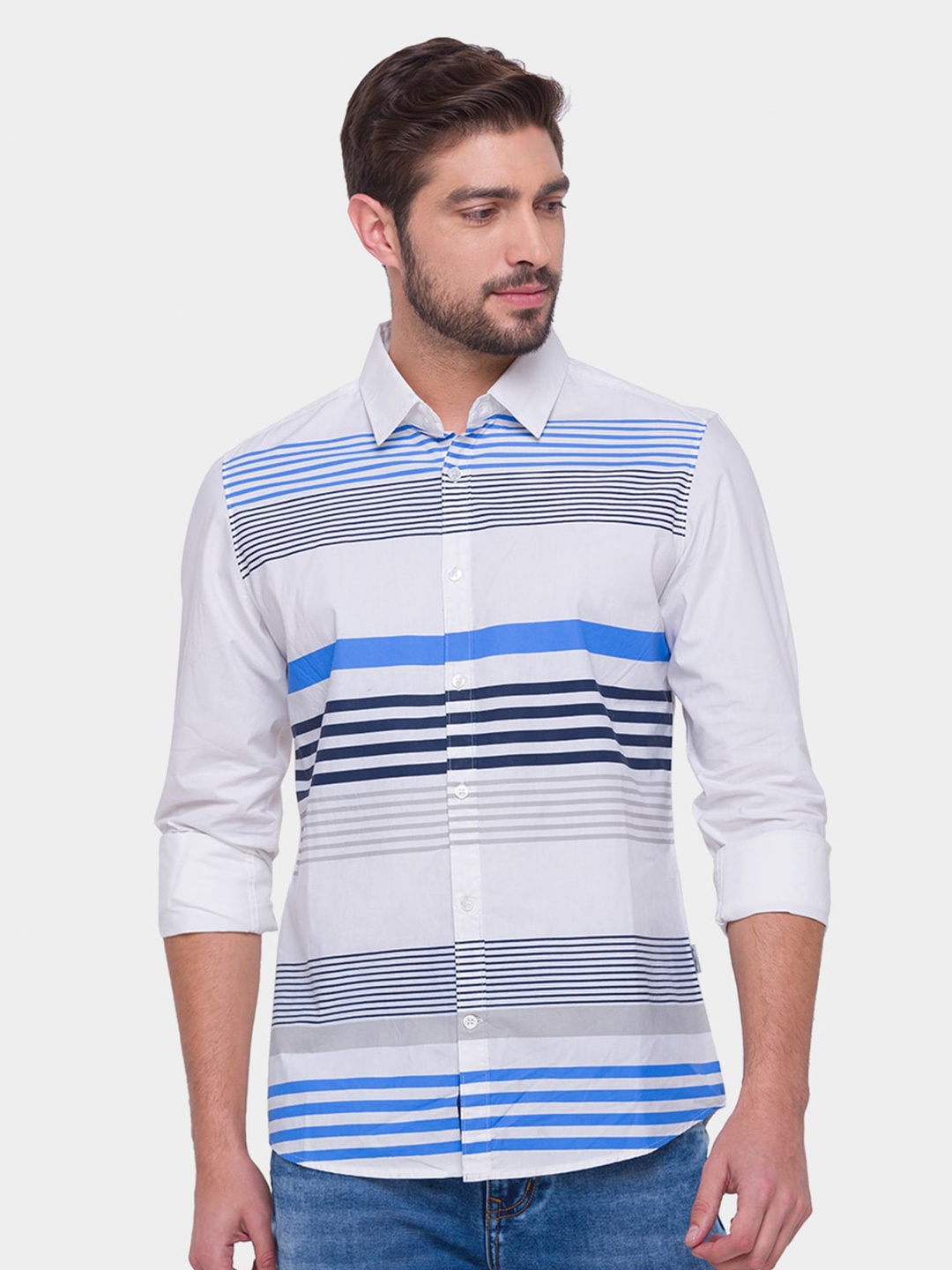 

Being Human Men White Comfort Horizontal Stripes Striped Cotton Regular Fit Casual Shirt