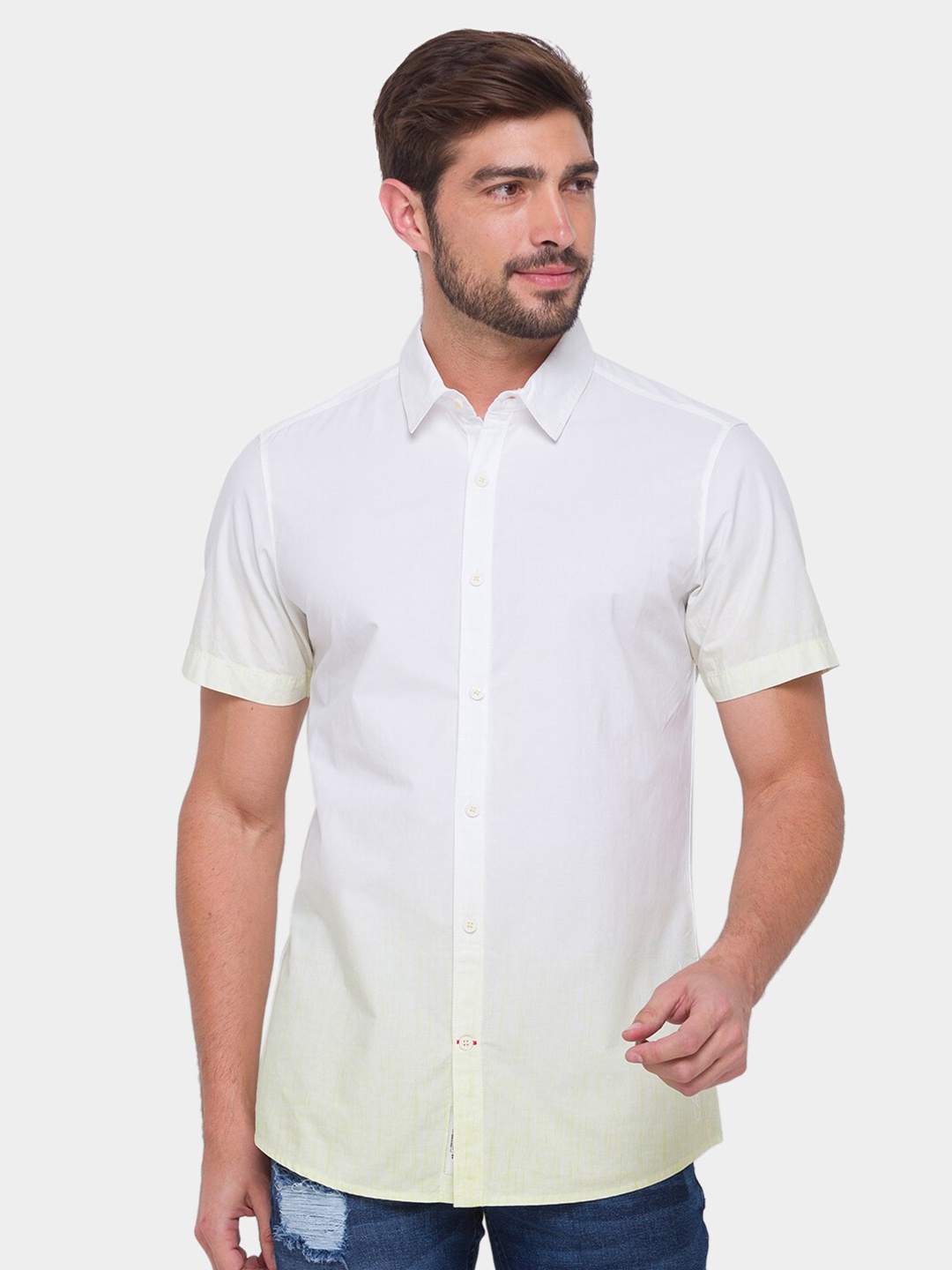 

Being Human Men White & Yellow Comfort Regular Fit Casual Shirt