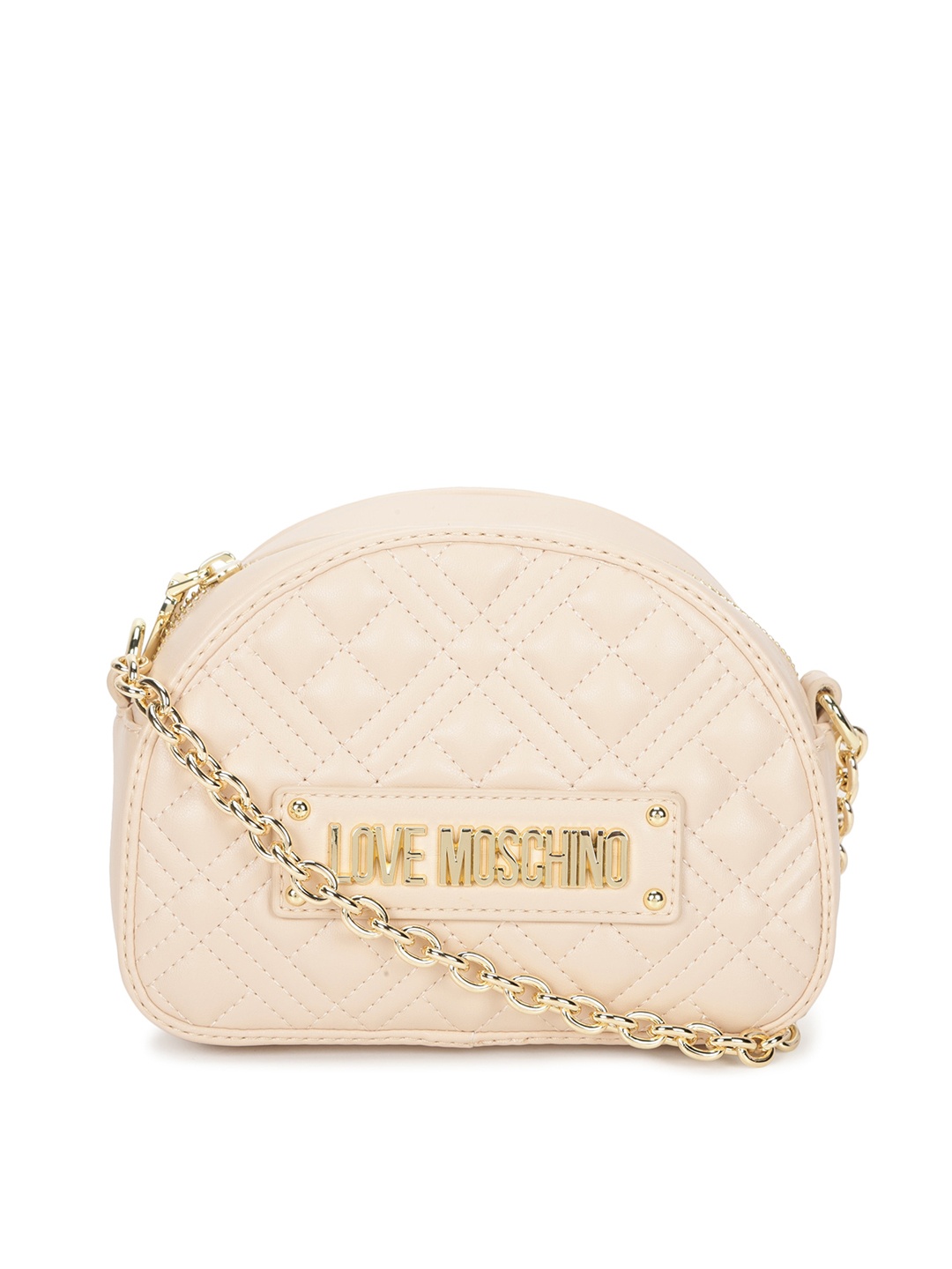 

LOVE MOSCHINO Beige Textured Leather Structured Sling Bag with Quilted