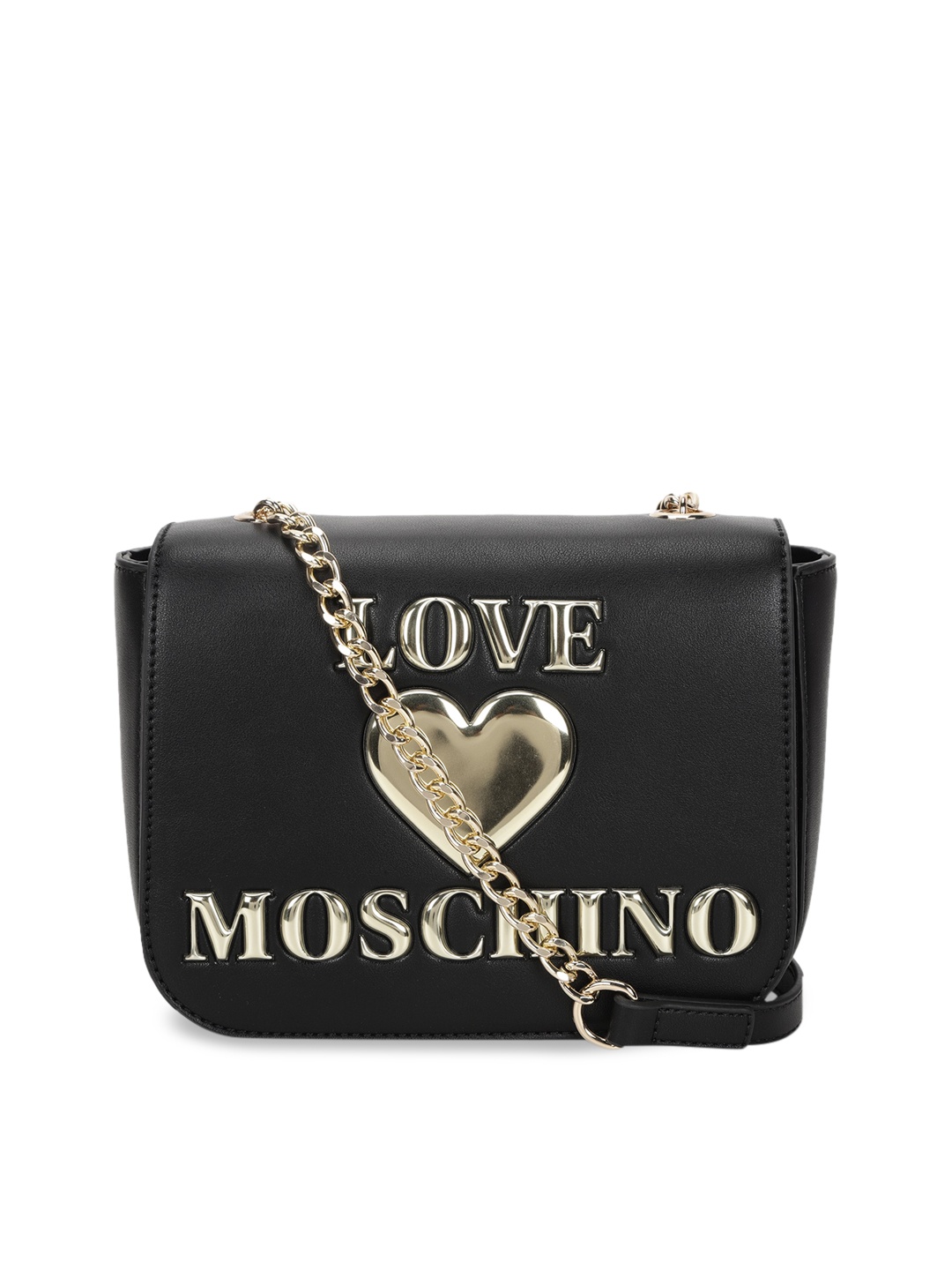 

LOVE MOSCHINO Black Printed Leather Structured Sling Bag with Applique
