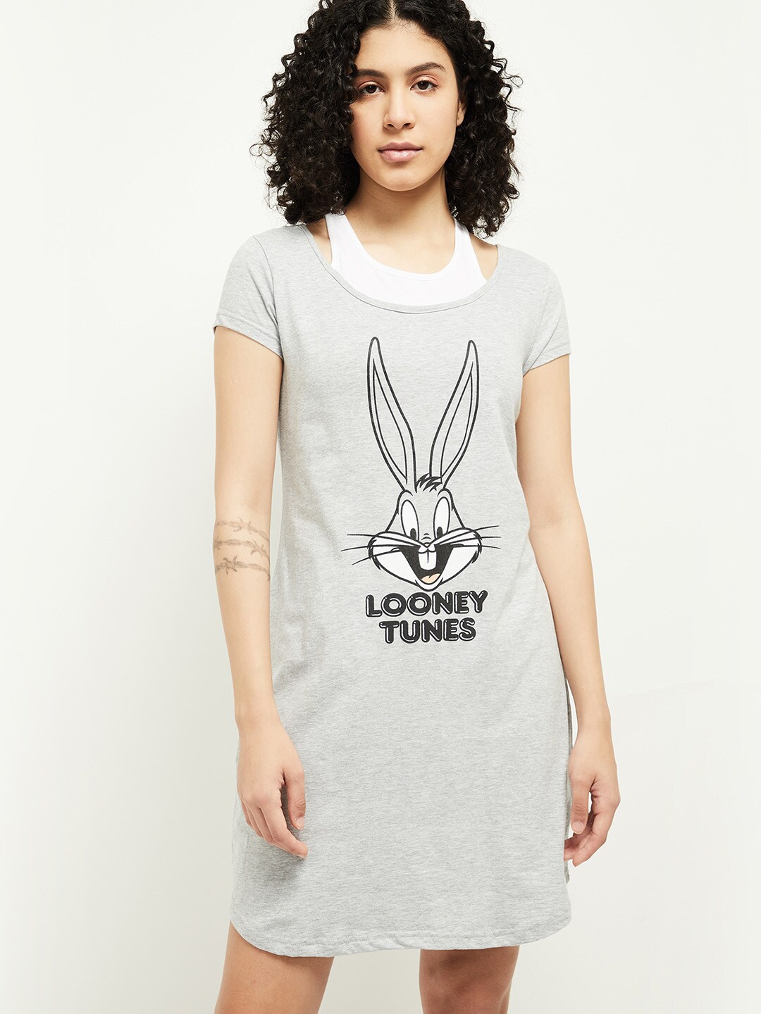 

max Grey Melange Looney Tunes Printed Pure Cotton T-shirt Nightdress
