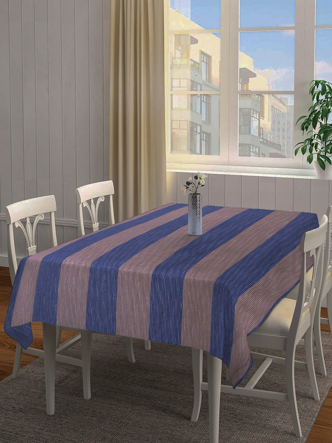 

Arrabi Brown & Blue Striped Printed 6 Seater Table Cover