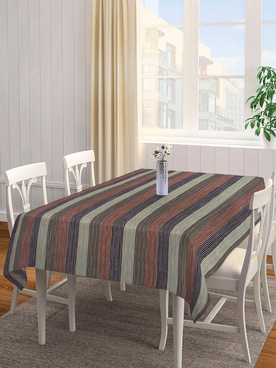 

Arrabi Brown & Grey Striped Printed 6 Seater Table Cover
