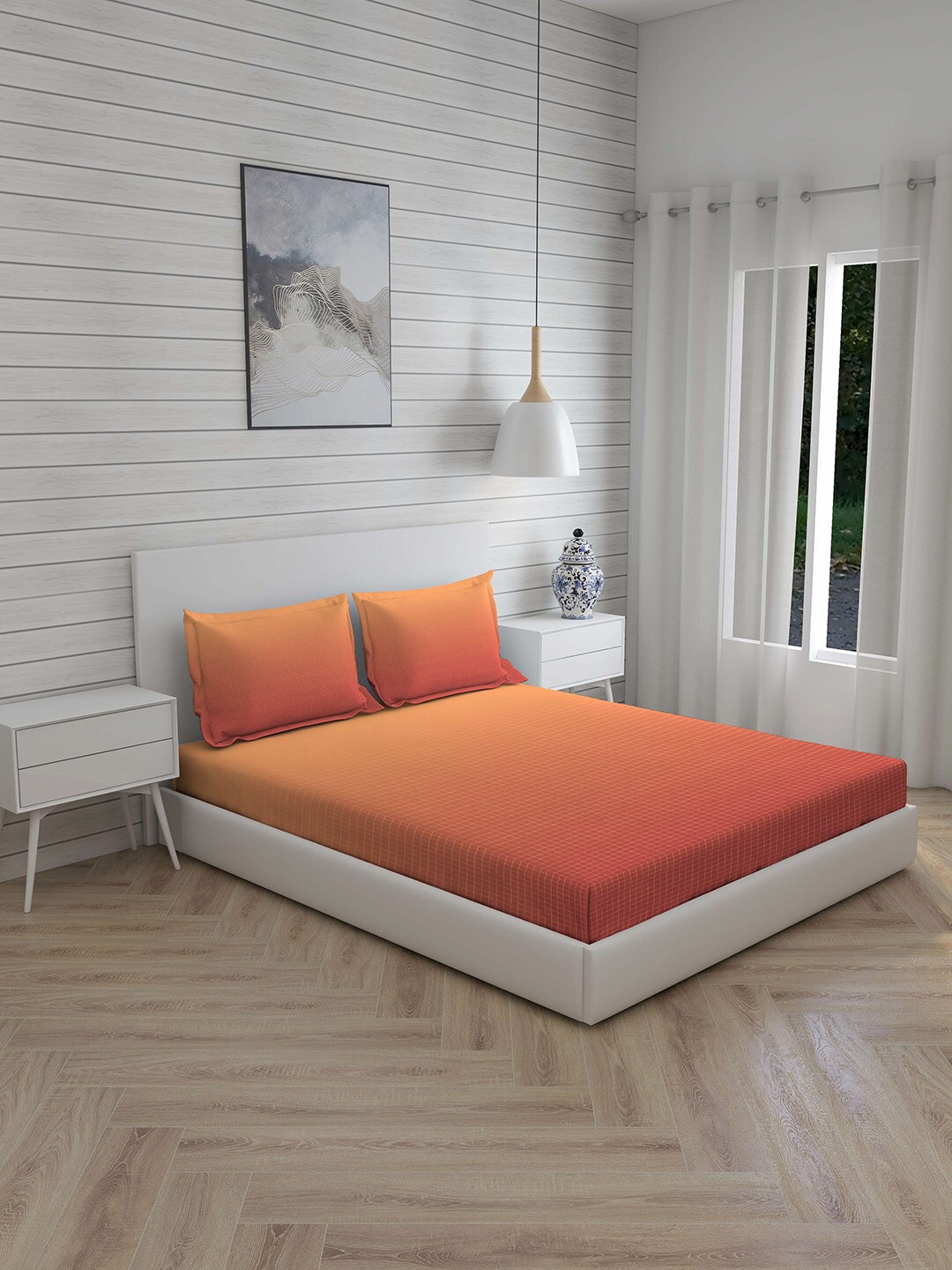 

Layers Orange Geometric King Bedsheet with 2 Pillow Covers