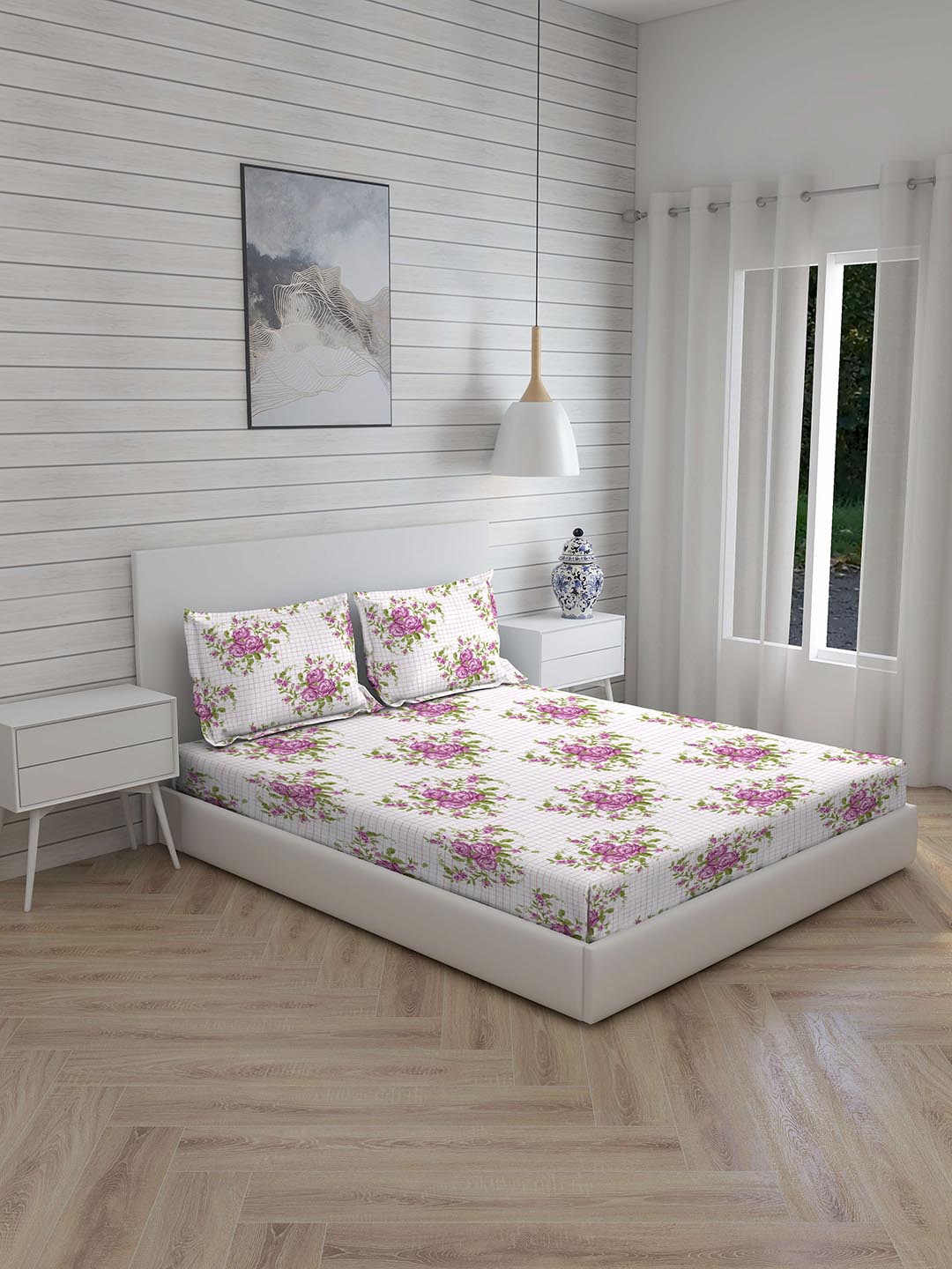 

Layers Purple & White 230 TC Cotton Floral King Bedsheet with 2 Pillow Covers