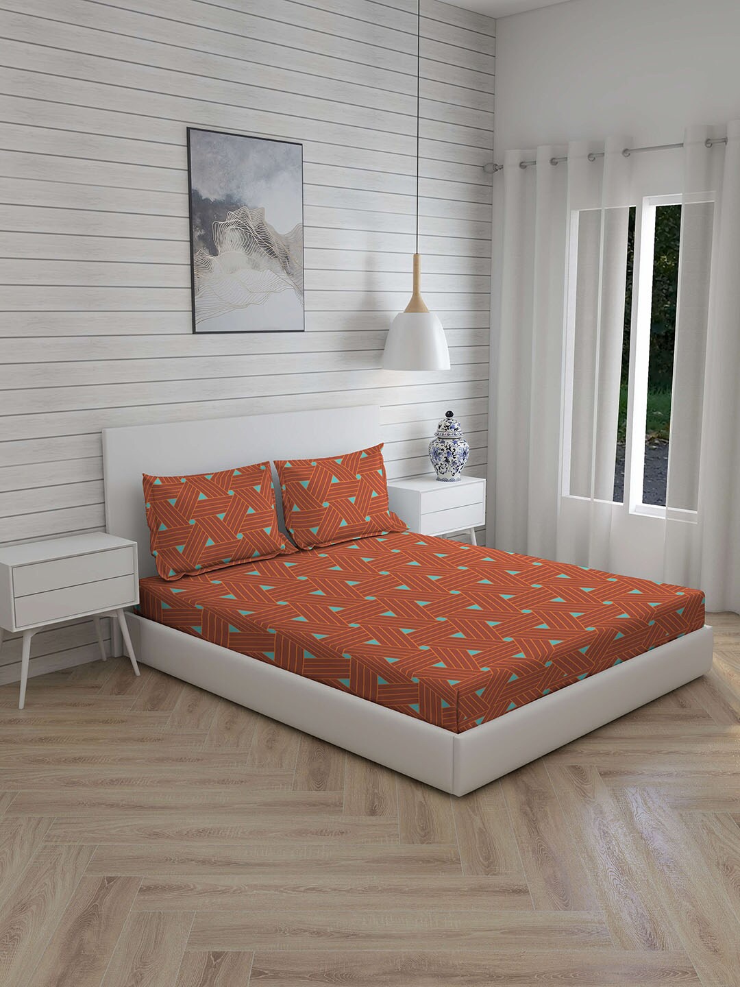 

Layers Brown & Blue Geometric King Bedsheet with Cotton 2 Pillow Covers