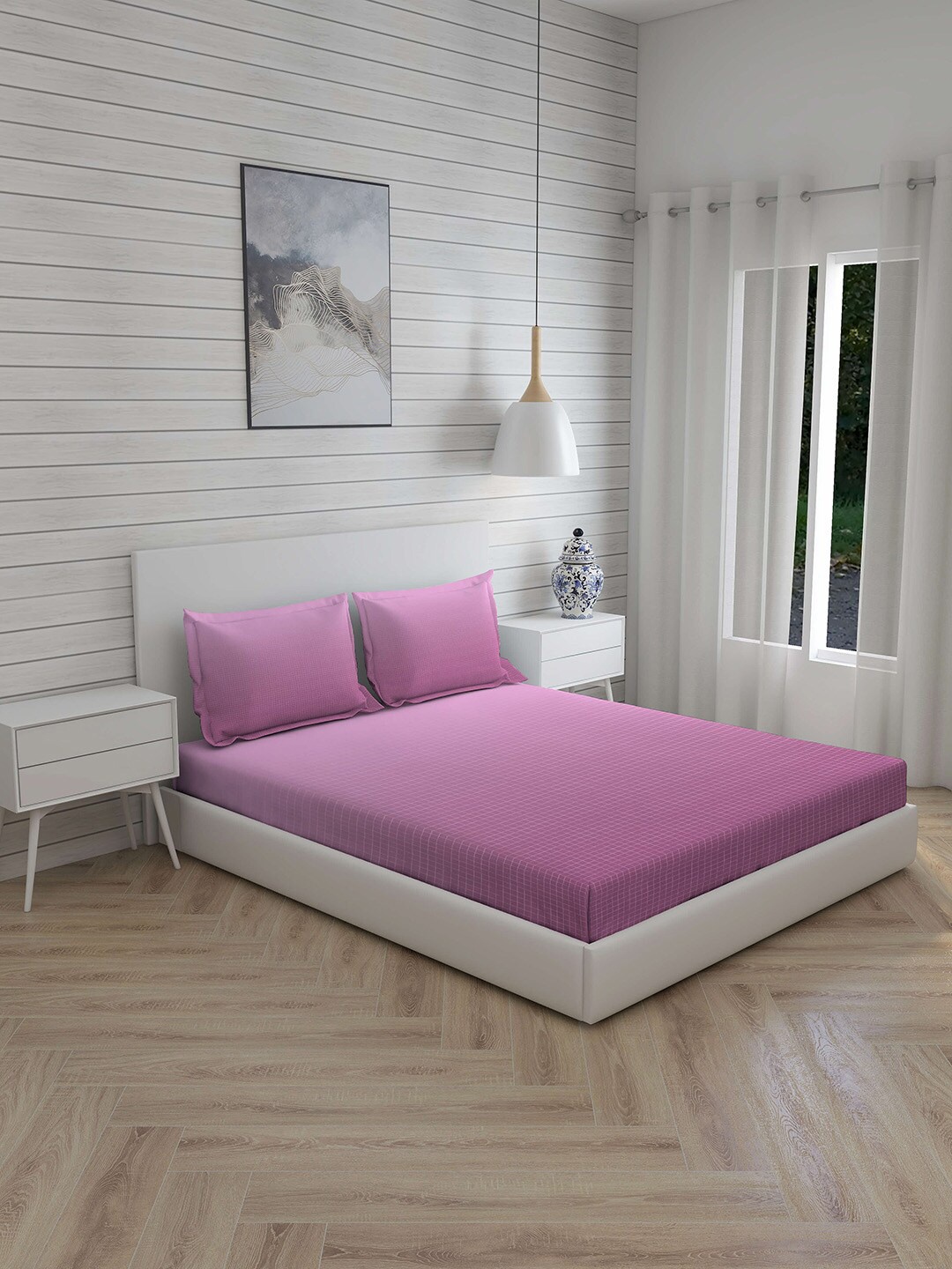 

Layers Purple Checked Cotton 230 TC King Bedsheet with 2 Pillow Covers
