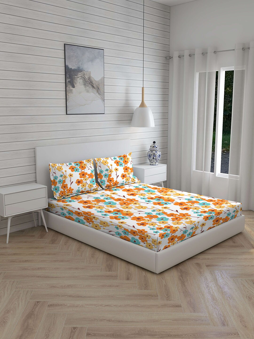

Layers Multicoloured & Blue Floral King Bedsheet with 2 Pillow Covers, Multi