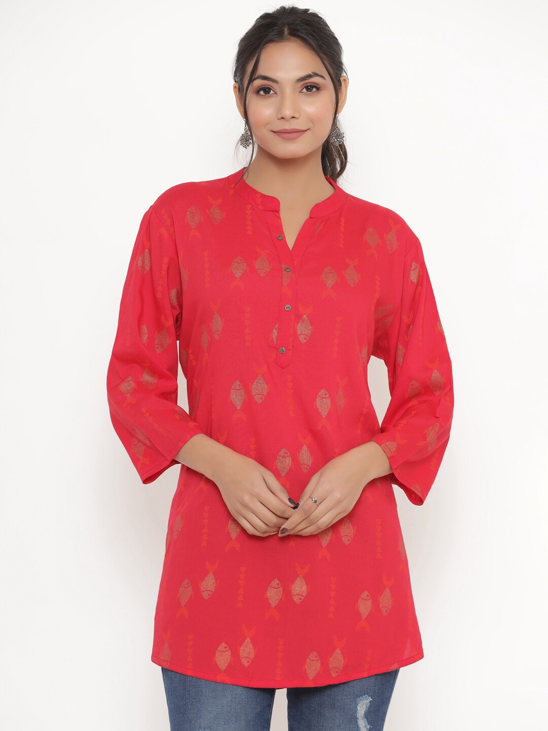 

DIVYANK Red Viscose Rayon Mandarin Collar Printed Tunic