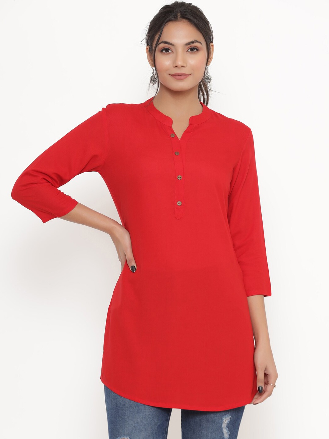 

DIVYANK Red Viscose Rayon Mandarin Collar Tunic