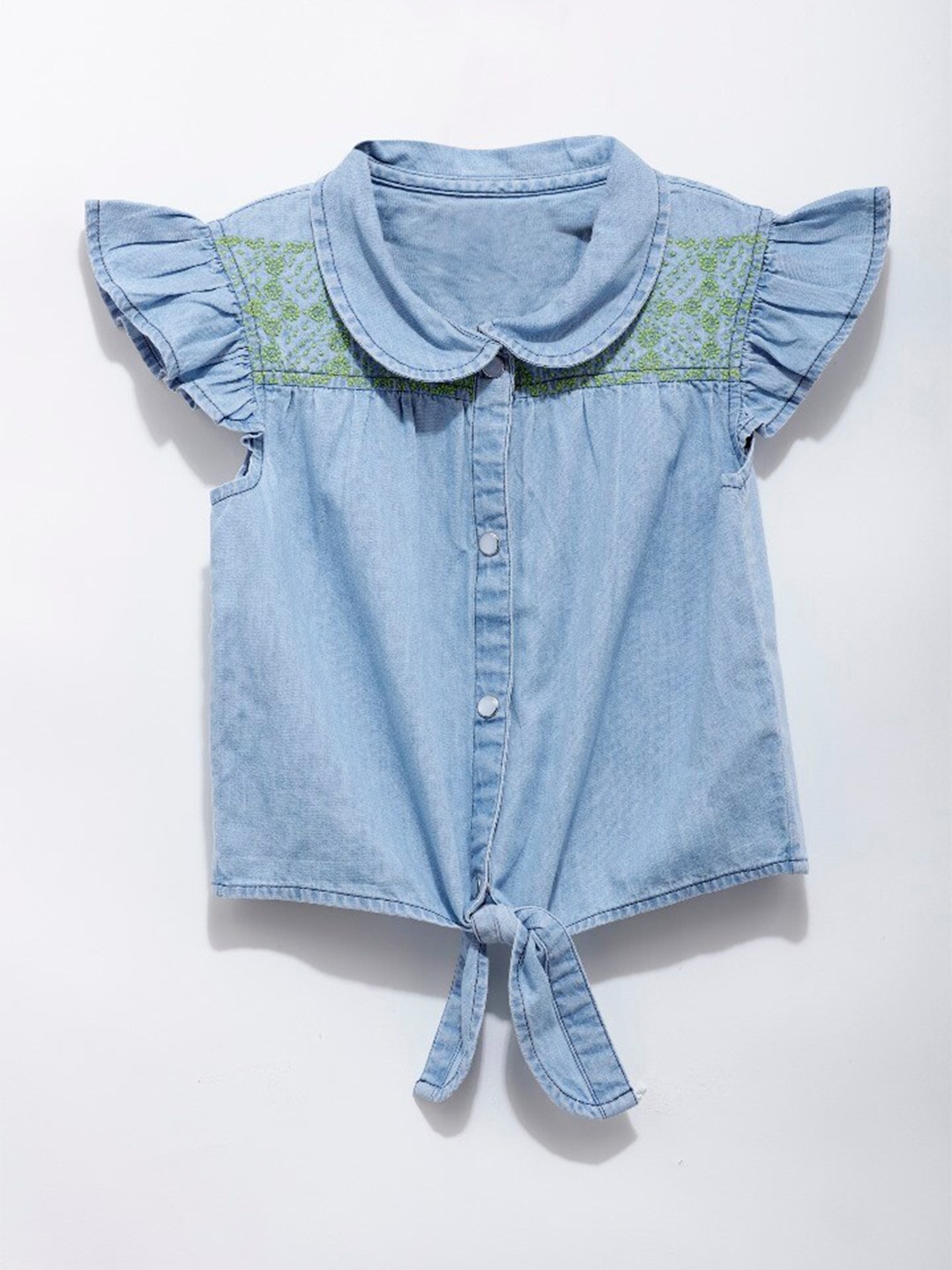 

UNDER FOURTEEN ONLY Girls Blue Floral Embroidered Pure Cotton Shirt Style Top