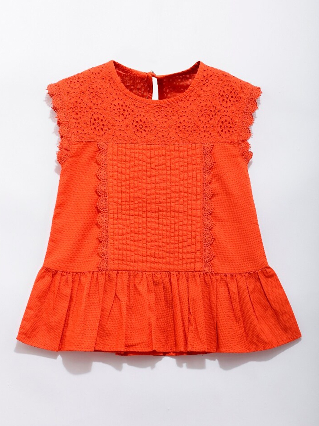 

UNDER FOURTEEN ONLY Girls Orange Self Design Schiffli Top