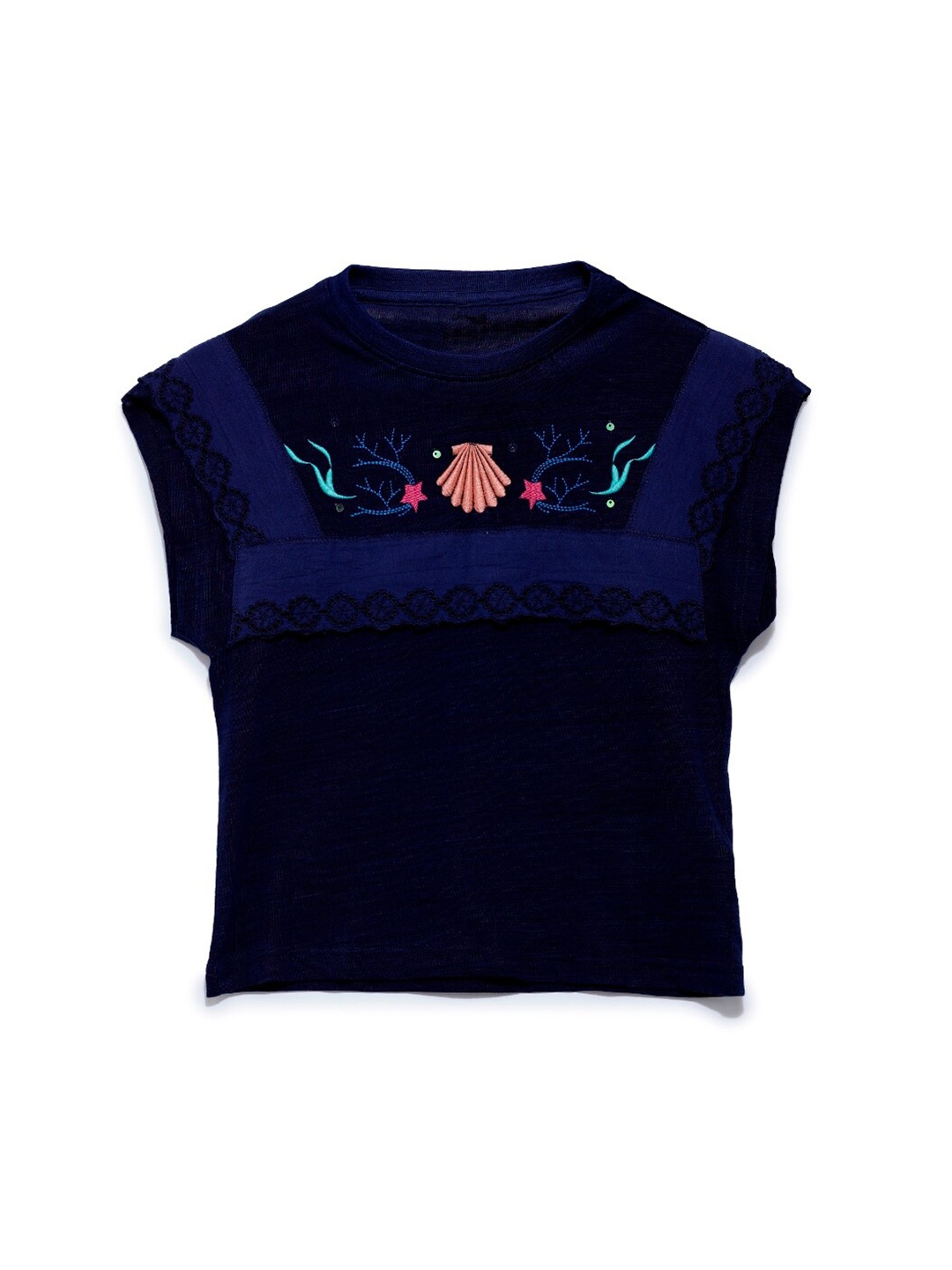 

UNDER FOURTEEN ONLY Girls Blue Embroidered Extended Sleeves Top