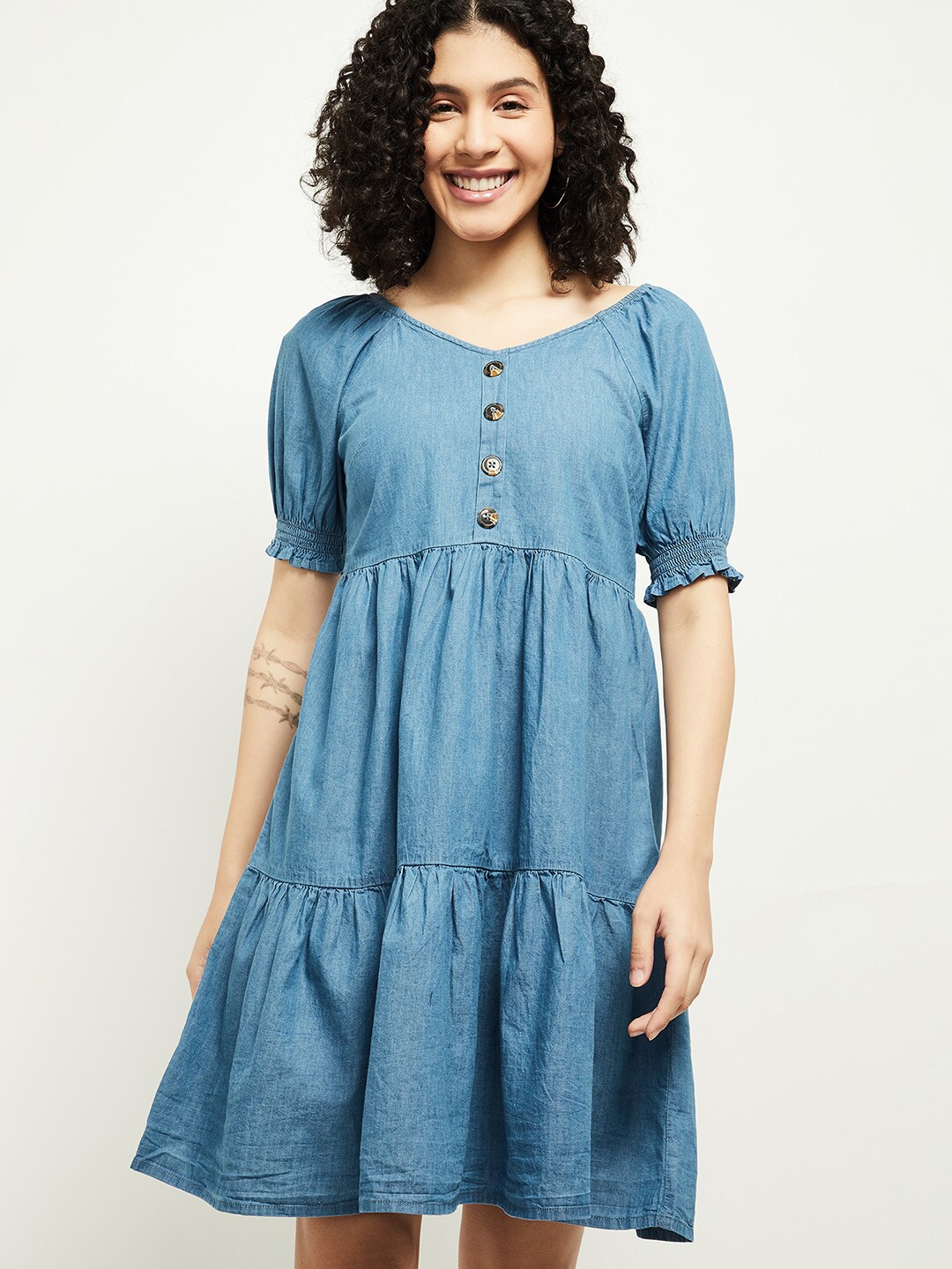

max Blue V-Neck Pure Cotton A-Line Dress